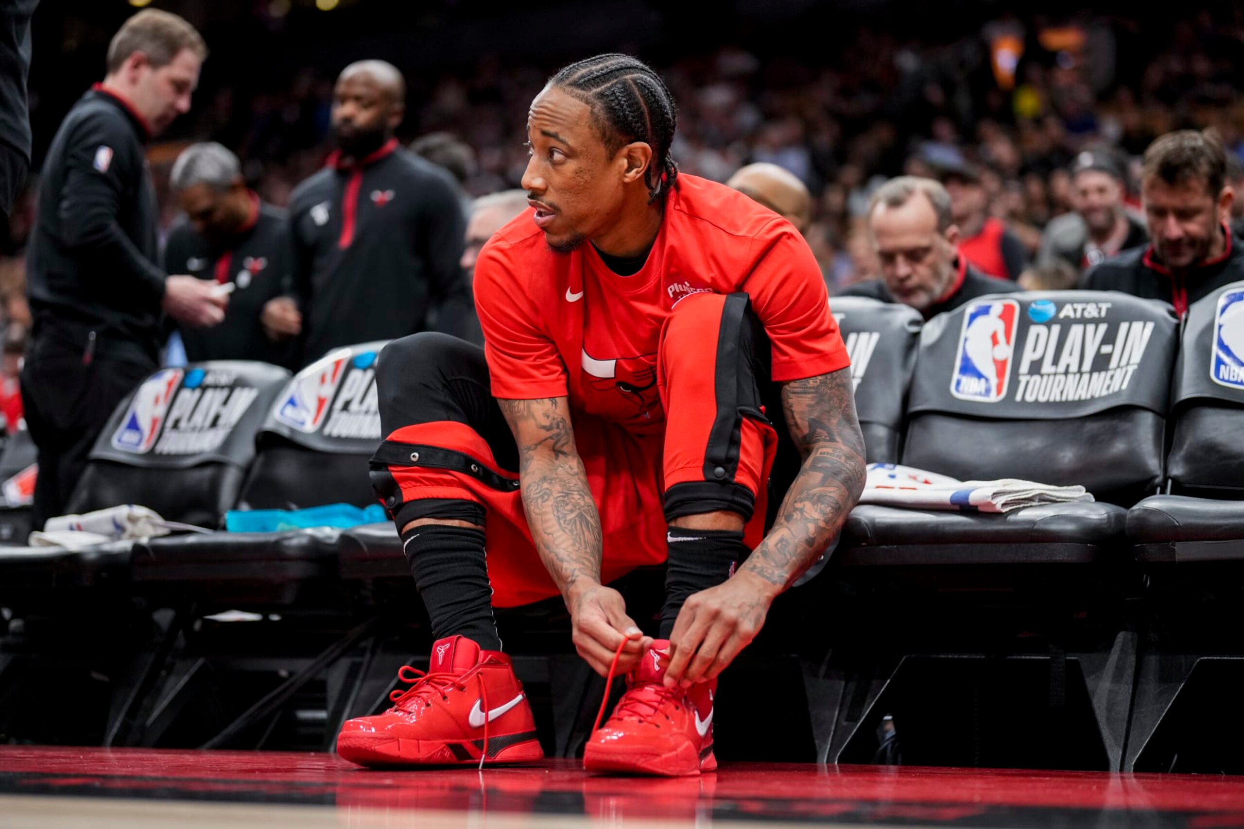 TORONTO, ON - APRIL 12: DeMar DeRozan #11 of the Chicago Bulls ties his shoes before facing the Toronto Raptors in the 2023 Play-In Tournament at the Scotiabank Arena on April 12, 2023 in Toronto, Ontario, Canada. NOTE TO USER: User expressly acknowledges and agrees that, by downloading and/or using this Photograph, user is consenting to the terms and conditions of the Getty Images License Agreement. (Photo by Andrew Lahodynskyj/Getty Images)