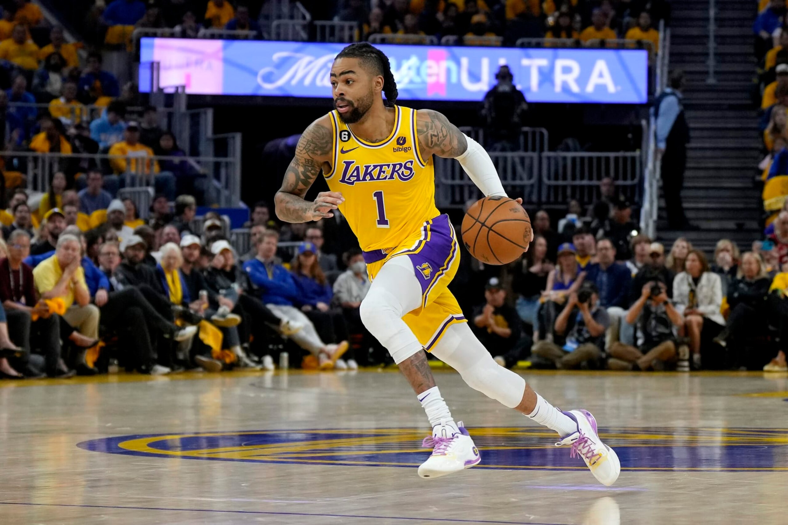 SAN FRANCISCO, CALIFORNIA - MAY 10: D'Angelo Russell #1 of the Los Angeles Lakers brings the ball up court during the second quarter against the Golden State Warriors in game five of the Western Conference Semifinal Playoffs at Chase Center on May 10, 2023 in San Francisco, California. NOTE TO USER: User expressly acknowledges and agrees that, by downloading and or using this photograph, User is consenting to the terms and conditions of the Getty Images License Agreement. (Photo by Thearon W. Henderson/Getty Images) SAN FRANCISCO, CALIFORNIA - MAY 10: D'Angelo Russell #1 of the Los Angeles Lakers brings the ball up court during the second quarter against the Golden State Warriors in game five of the Western Conference Semifinal Playoffs at Chase Center on May 10, 2023 in San Francisco, California. NOTE TO USER: User expressly acknowledges and agrees that, by downloading and or using this photograph, User is consenting to the terms and conditions of the Getty Images License Agreement. (Photo by Thearon W. Henderson/Getty Images)