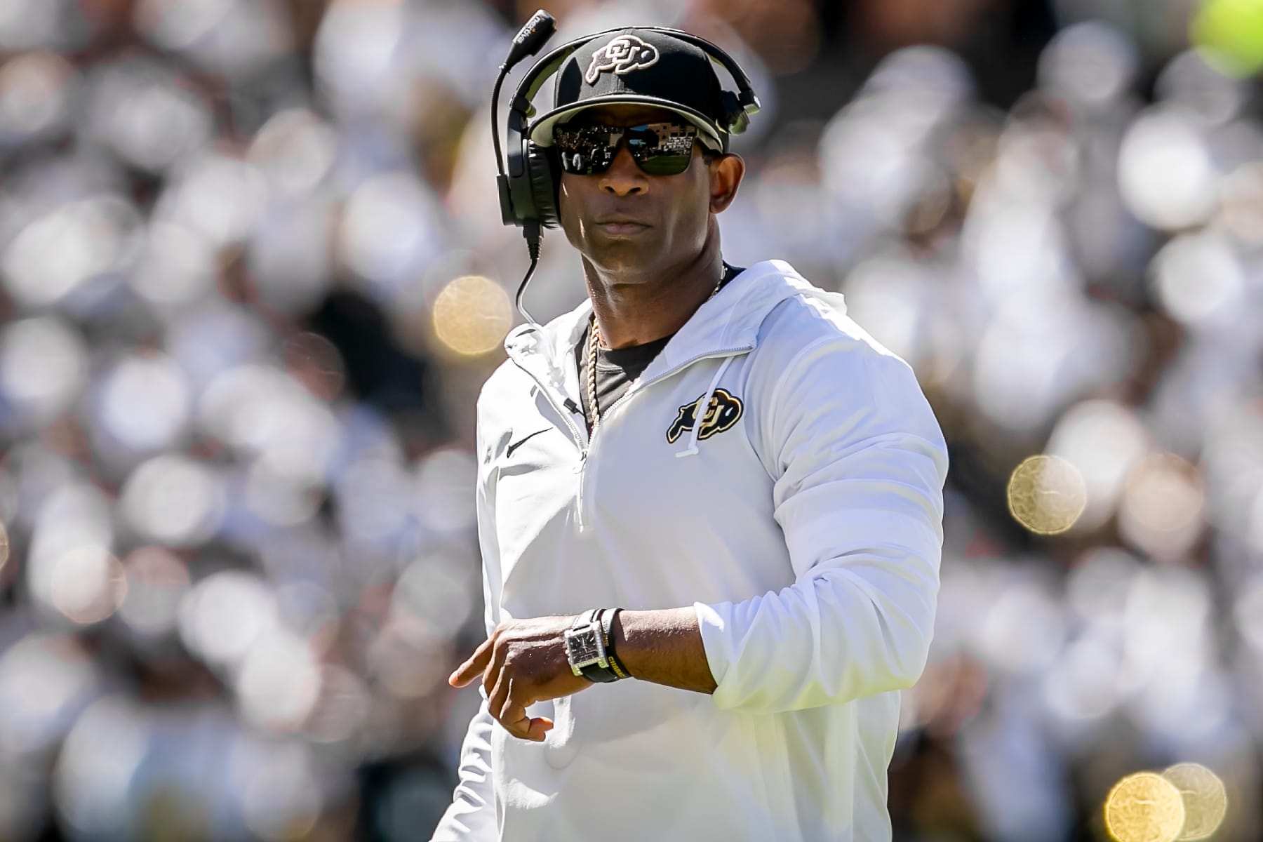 BOULDER, CO - SEPTEMBER 09: Colorado head coach Deion Sanders watches the run of play during the home opener game between the Colorado Buffaloes and the the Nebraska Cornhuskers on Saturday, September 9, 2023 at Folsom Field in Boulder, CO.  (Photo by Nick Tre. Smith/Icon Sportswire via Getty Images)