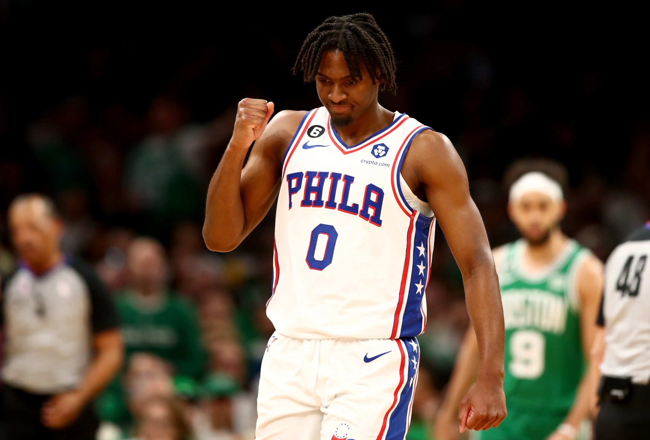 BOSTON, MASSACHUSETTS - MAY 14: Tyrese Maxey #0 of the Philadelphia 76ers celebrates a basket against the Boston Celtics during the first quarter in game seven of the 2023 NBA Playoffs Eastern Conference Semifinals at TD Garden on May 14, 2023 in Boston, Massachusetts. NOTE TO USER: User expressly acknowledges and agrees that, by downloading and or using this photograph, User is consenting to the terms and conditions of the Getty Images License Agreement. (Photo by Adam Glanzman/Getty Images)
