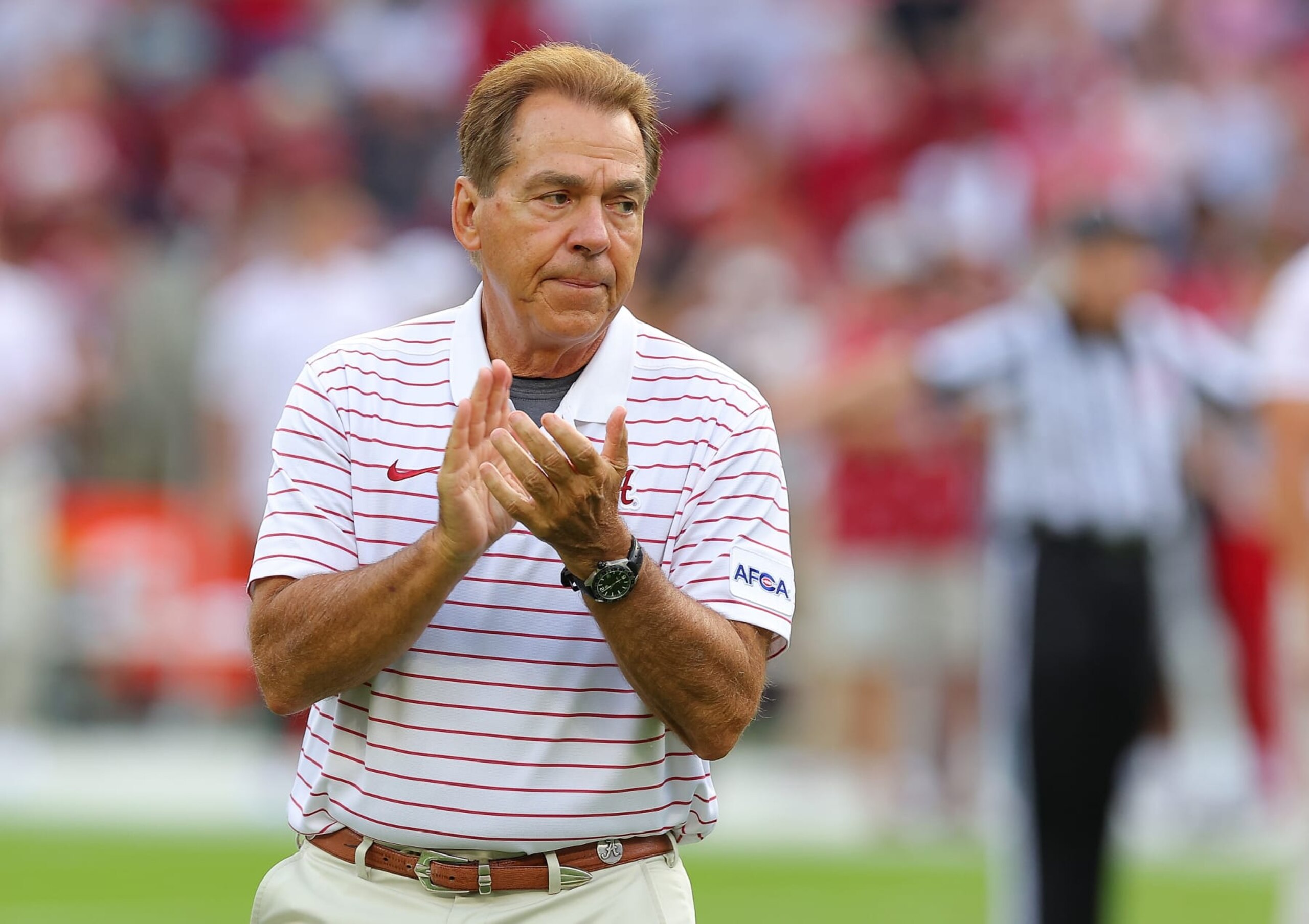 TUSCALOOSA, ALABAMA - SEPTEMBER 02: Head coach Nick Saban of the Alabama Crimson Tide during warms up prior to facing the Middle Tennessee Blue Raiders at Bryant-Denny Stadium on September 02, 2023 in Tuscaloosa, Alabama. (Photo by Kevin C. Cox/Getty Images) TUSCALOOSA, ALABAMA - SEPTEMBER 02: Head coach Nick Saban of the Alabama Crimson Tide during warms up prior to facing the Middle Tennessee Blue Raiders at Bryant-Denny Stadium on September 02, 2023 in Tuscaloosa, Alabama. (Photo by Kevin C. Cox/Getty Images)