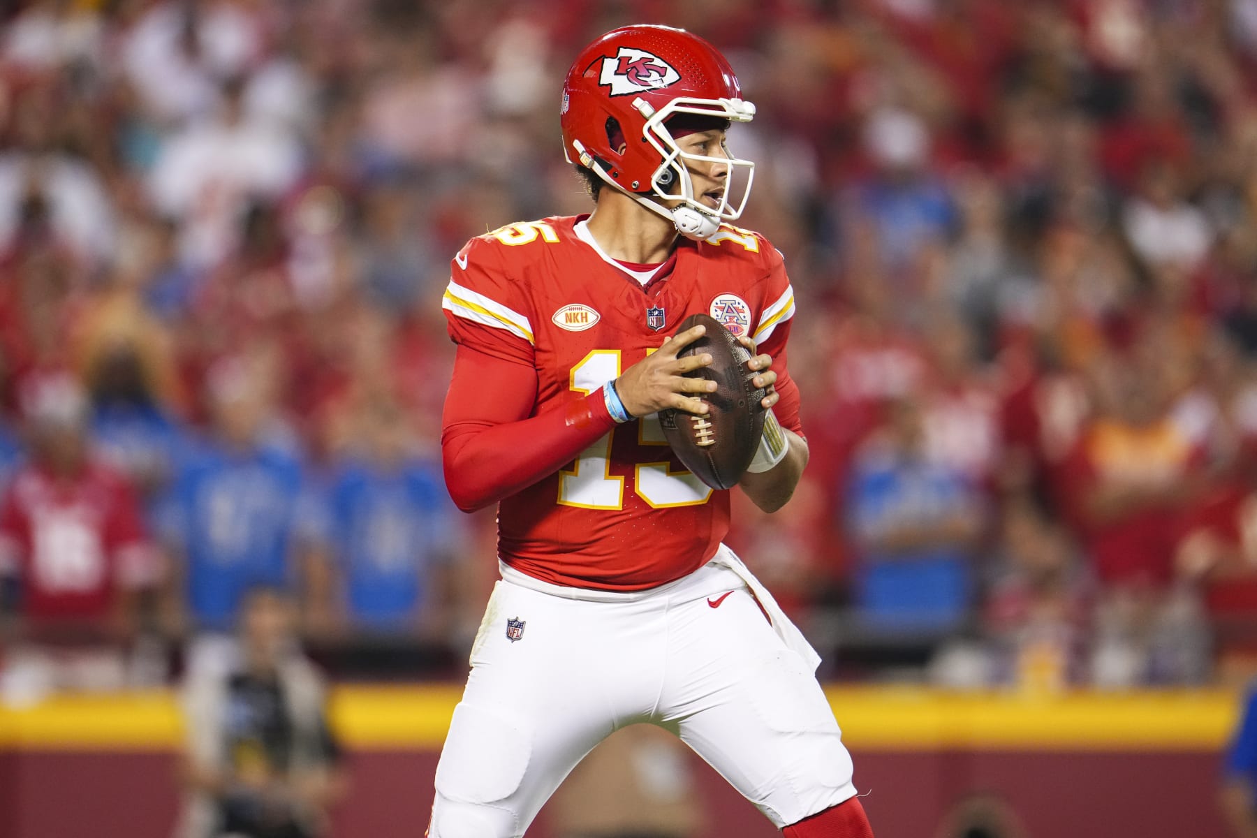 KANSAS CITY, MO - SEPTEMBER 07: Patrick Mahomes #15 of the Kansas City Chiefs drops back to pass during at GEHA Field at Arrowhead Stadium on September 7, 2023 in Kansas City, Missouri. (Photo by Cooper Neill/Getty Images)