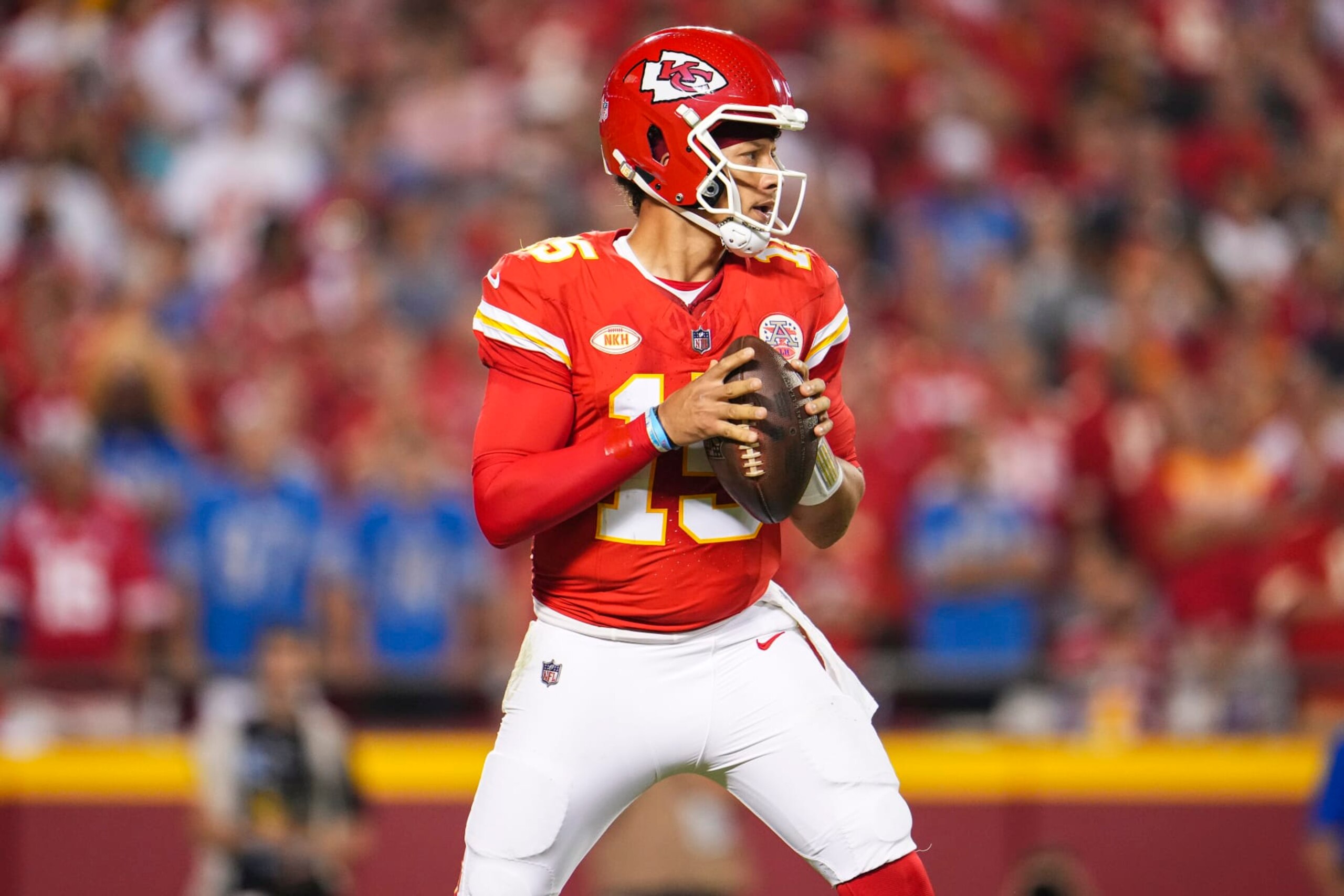 KANSAS CITY, MO - SEPTEMBER 07: Patrick Mahomes #15 of the Kansas City Chiefs drops back to pass during at GEHA Field at Arrowhead Stadium on September 7, 2023 in Kansas City, Missouri. (Photo by Cooper Neill/Getty Images)
