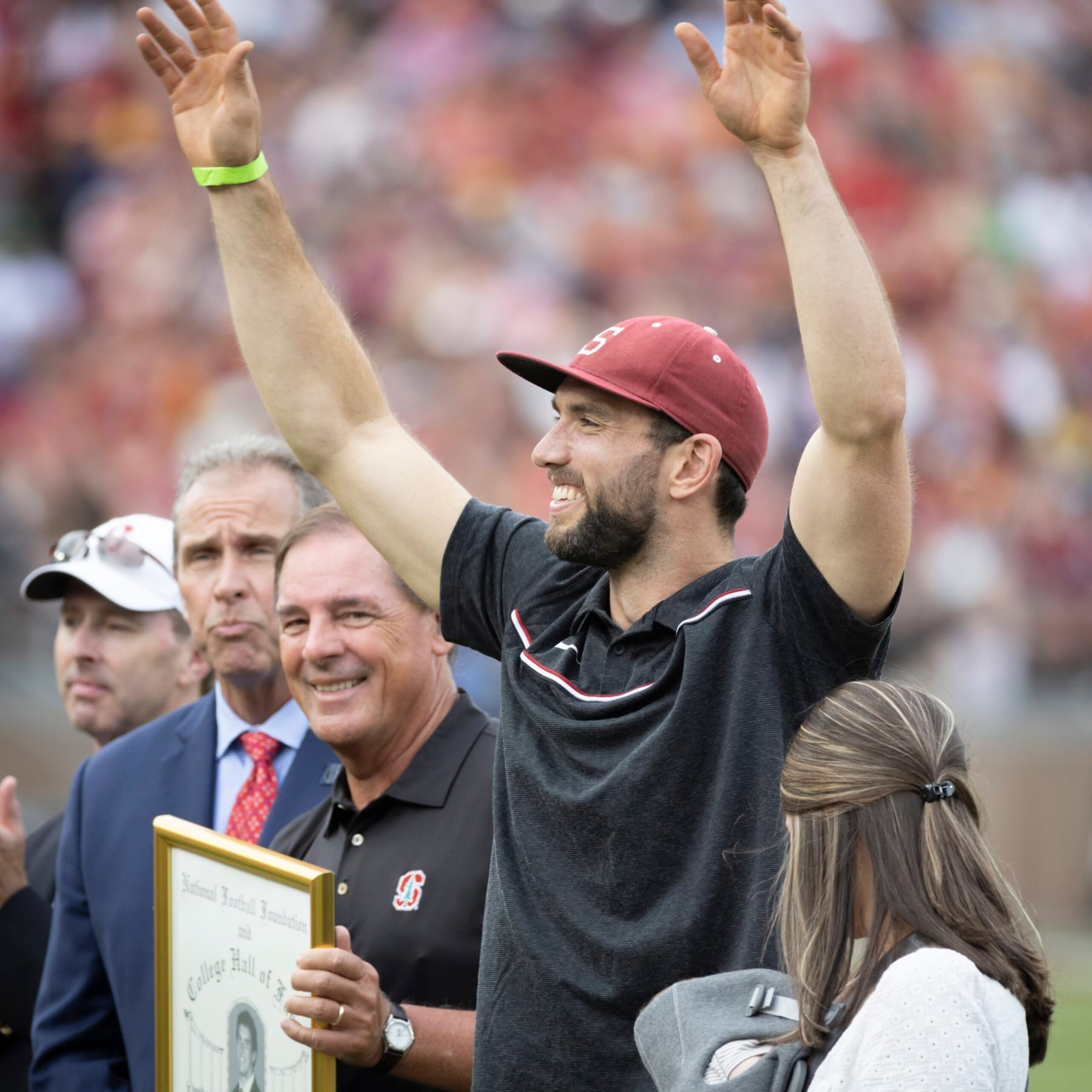 PALO ALTO, CA - SEPTEMBER 10: Former Stanford Cardinal quarterback Andrew Luck is honored for his induction into the College Football Hall of Fame during a Pac-12 college football game against the USC Trojans played on September 10, 2022 at Stanford Stadium in Palo Alto, California.  (Photo by David Madison/Getty Images)