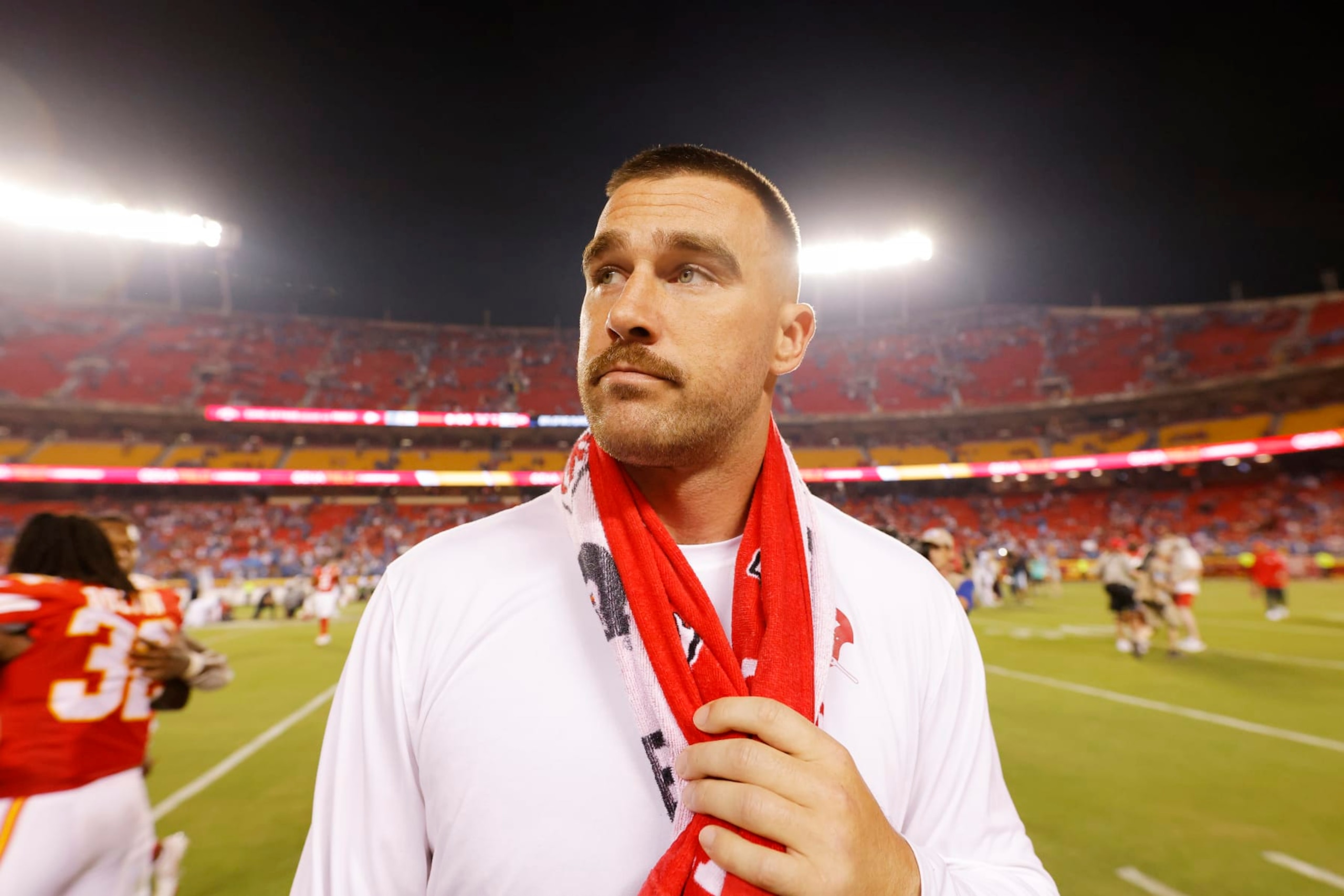 KANSAS CITY, MISSOURI - SEPTEMBER 07:  An injured Travis Kelce #87 of the Kansas City Chiefs reacts after their loss to the Detroit Lions at GEHA Field at Arrowhead Stadium on September 07, 2023 in Kansas City, Missouri. (Photo by David Eulitt/Getty Images)