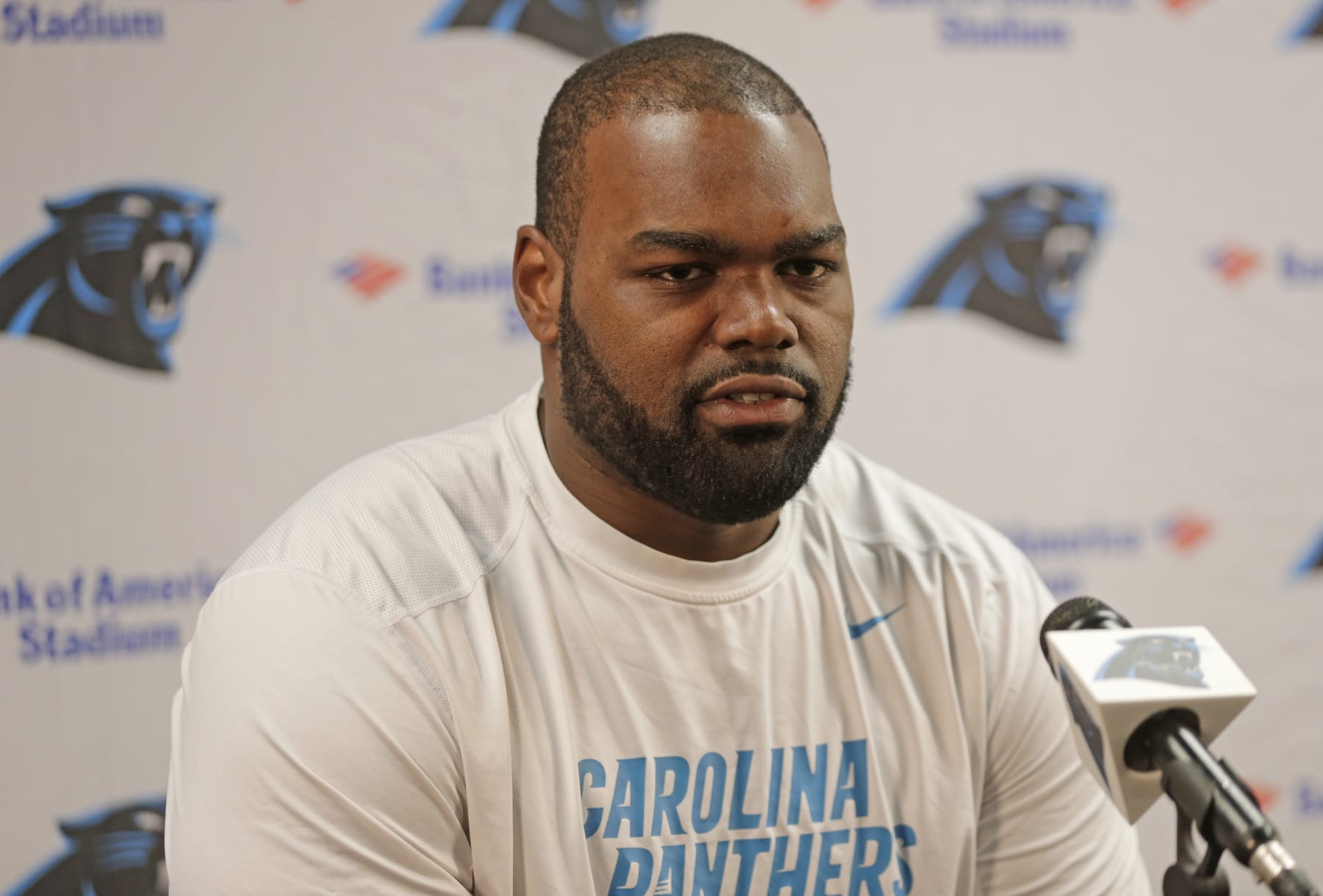 Carolina Panthers' Michael Oher speaks to the media during the NFL football team's training camp in Spartanburg, S.C., Friday, July 31, 2015. (AP Photo/Chuck Burton)