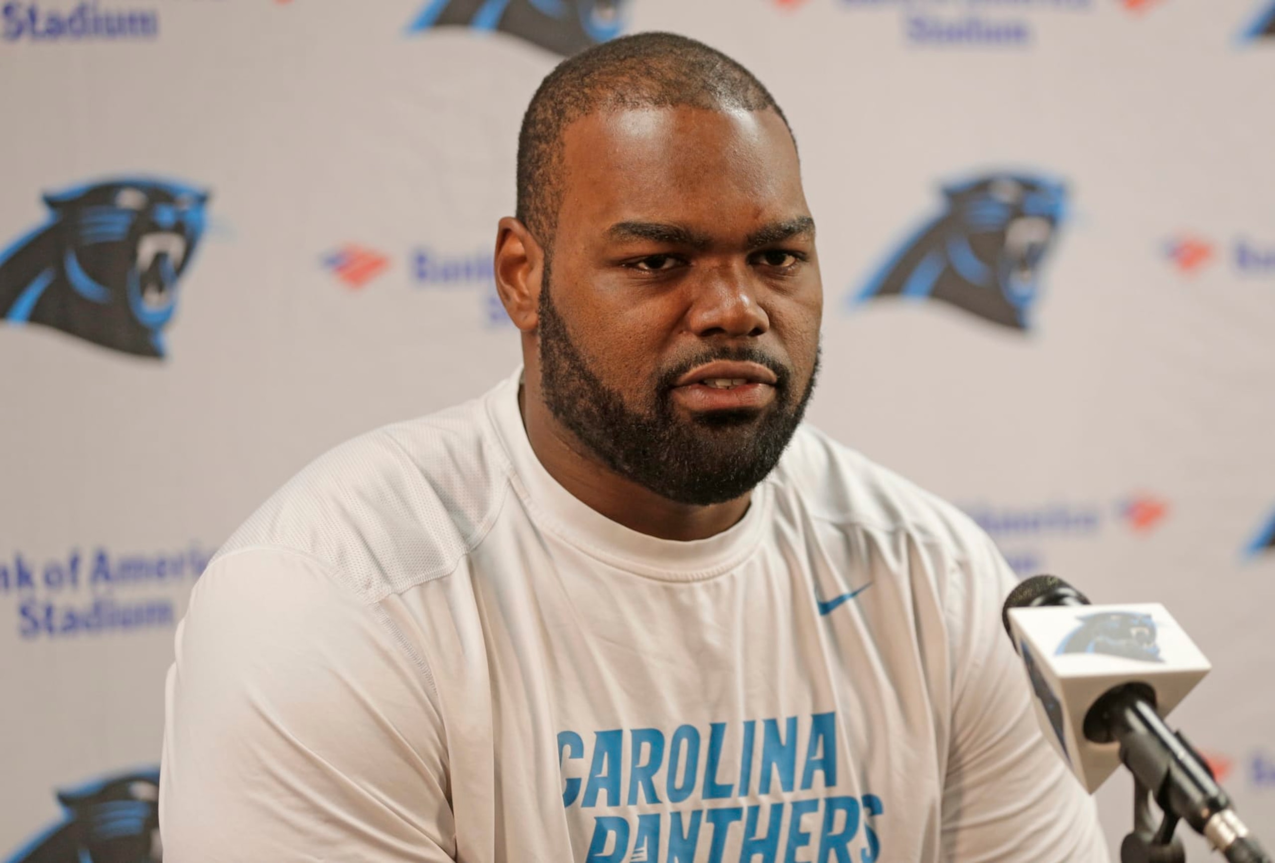 Carolina Panthers' Michael Oher speaks to the media during the NFL football team's training camp in Spartanburg, S.C., Friday, July 31, 2015. (AP Photo/Chuck Burton)