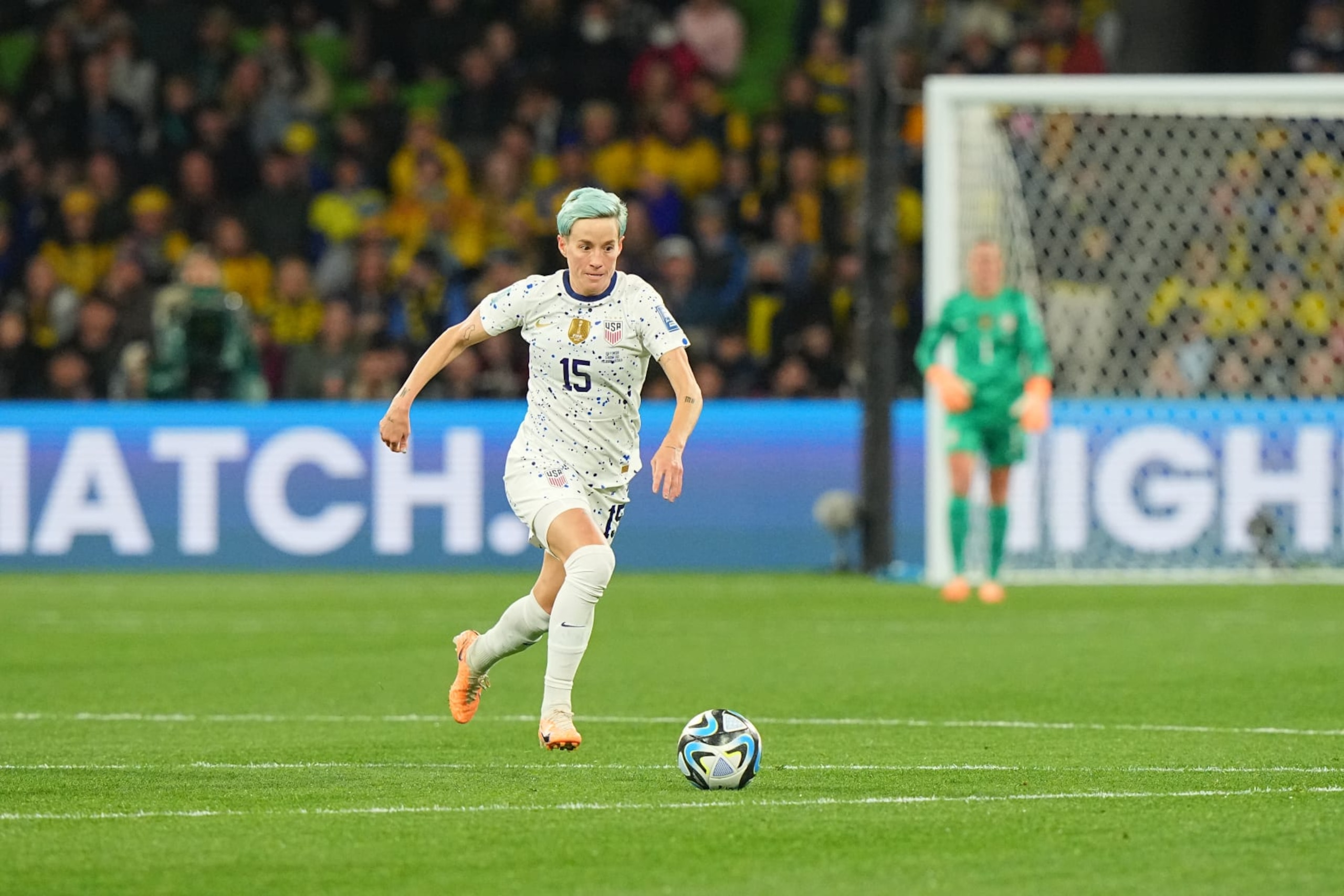 Soccer: FIFA World Cup: USA Megan Rapinoe (15) in action, dribbles the ball vs Sweden during a Round of 16 match between Winner Group G and Runner Up Group E at Melbourne Rectangular Stadium. 
Melbourne, Australia 8/6/2023 
CREDIT: Erick W. Rasco (Photo by Erick W. Rasco/Sports Illustrated via Getty Images) 
(Set Number: X164393 TK1)