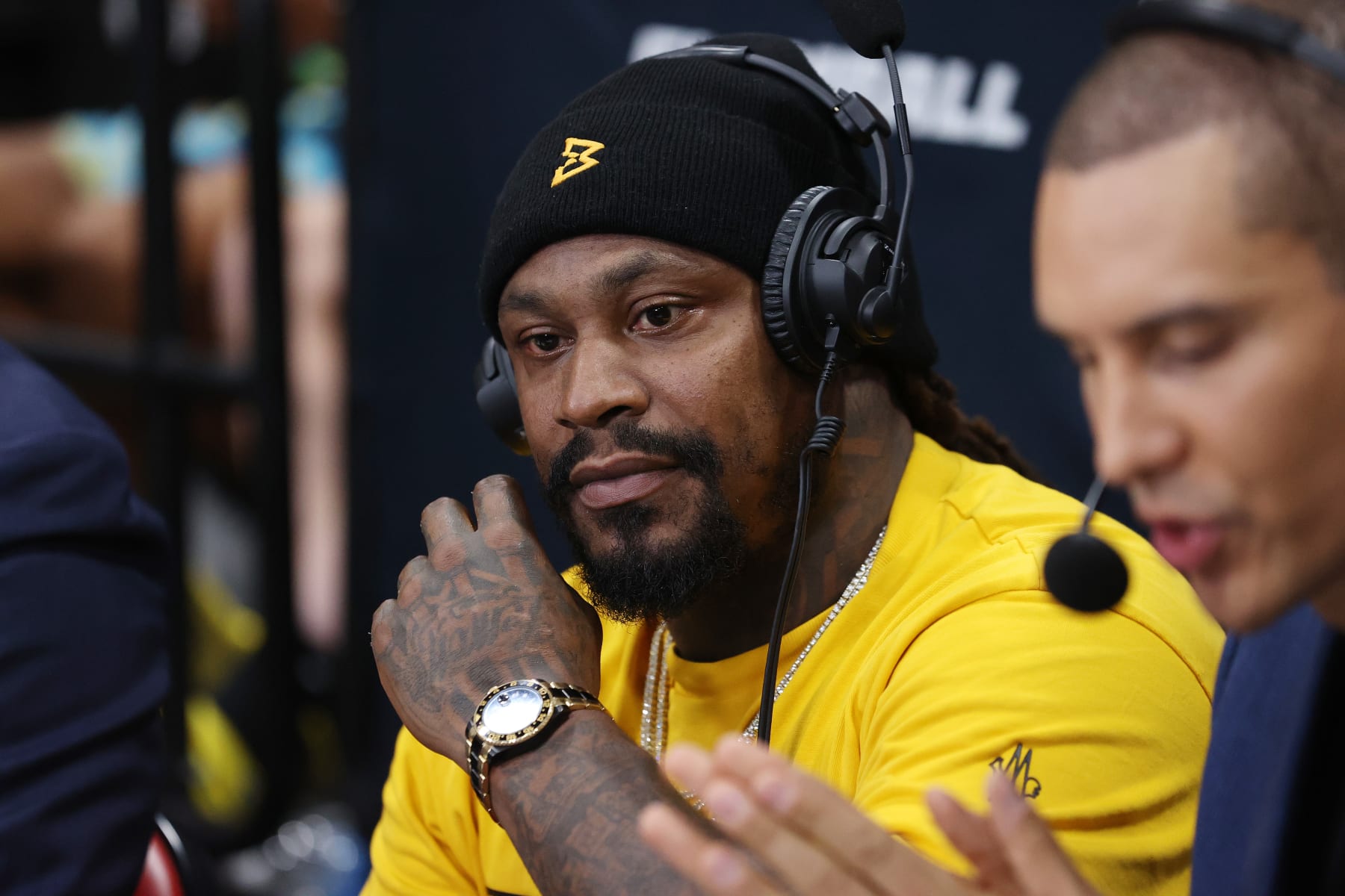 LAS VEGAS, NEVADA - AUGUST 15: Marshawn Lynch commentates during a SlamBall playoff game at the Cox Pavilion on August 15, 2023 in Las Vegas, Nevada. (Photo by Ian Maule/Getty Images for SlamBall)