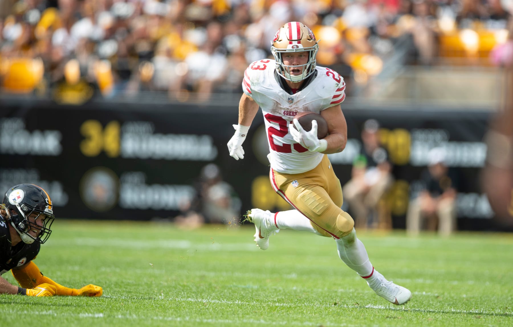 PITTSBURGH, PA - September 10: Christian McCaffrey #23 of the San Francisco 49ers rushes during the game against the Pittsburgh Steelers at Acrisure Stadium on September 10, 2023 in Pittsburgh, Pennsylvania. The 49ers defeated the Steelers 30-7. (Photo by Michael Zagaris/San Francisco 49ers/Getty Images)