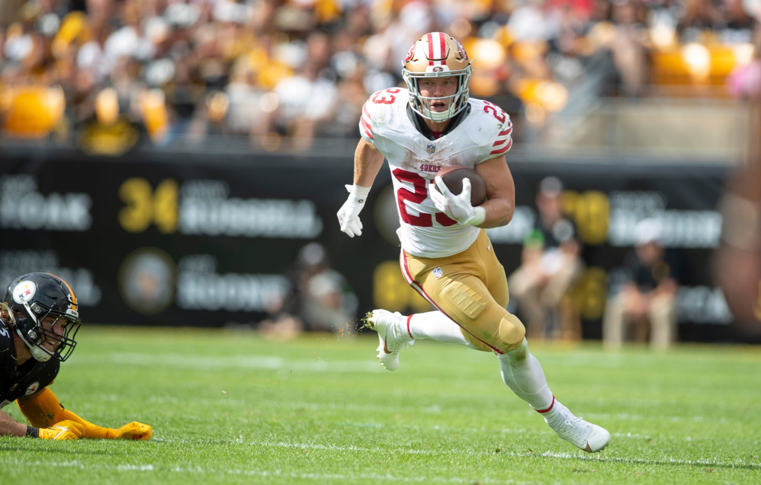 PITTSBURGH, PA - September 10: Christian McCaffrey #23 of the San Francisco 49ers rushes during the game against the Pittsburgh Steelers at Acrisure Stadium on September 10, 2023 in Pittsburgh, Pennsylvania. The 49ers defeated the Steelers 30-7. (Photo by Michael Zagaris/San Francisco 49ers/Getty Images)