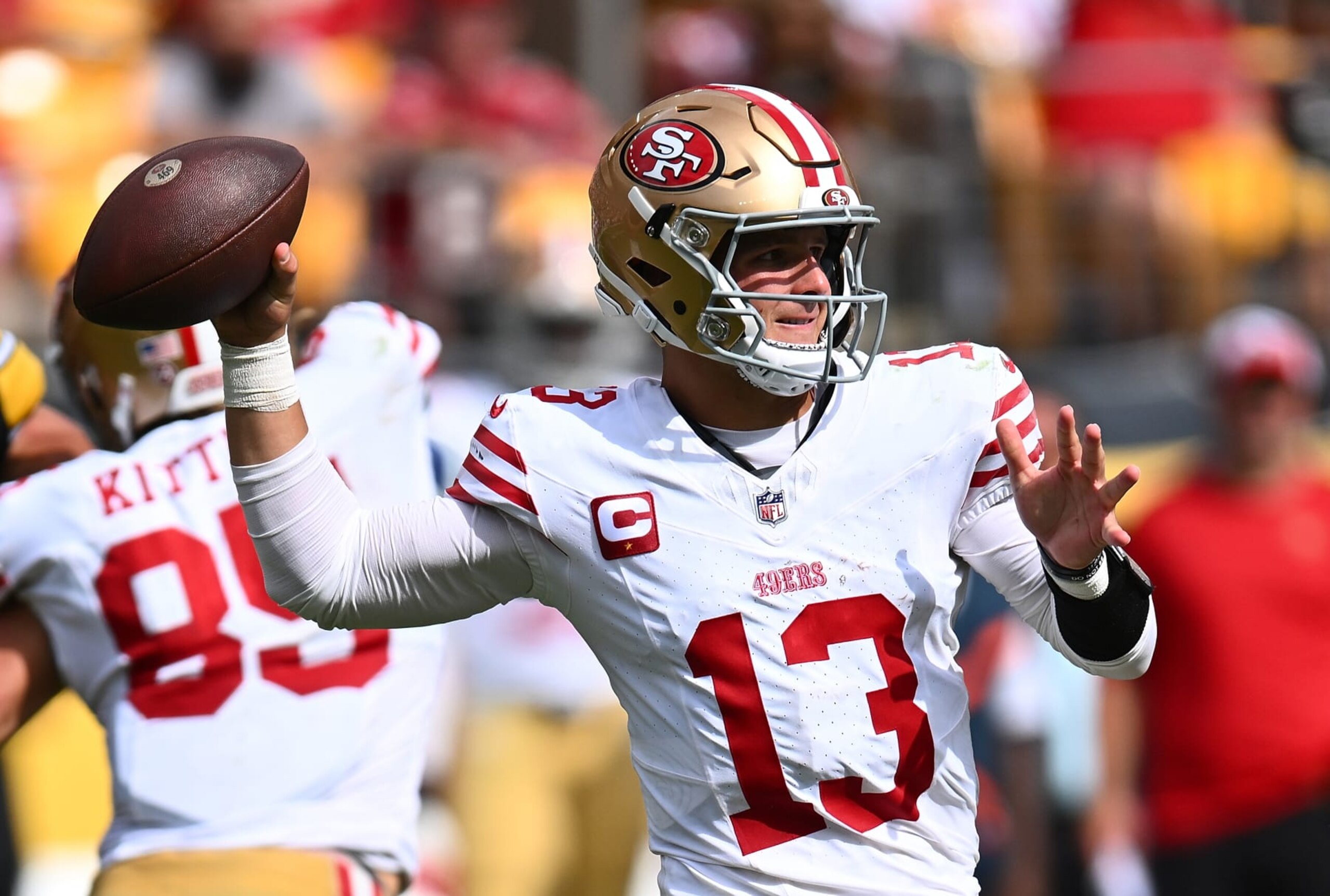 PITTSBURGH, PENNSYLVANIA - SEPTEMBER 10:  Brock Purdy #13 of the San Francisco 49ers in action during the game against the Pittsburgh Steelers at Acrisure Stadium on September 10, 2023 in Pittsburgh, Pennsylvania. (Photo by Joe Sargent/Getty Images)