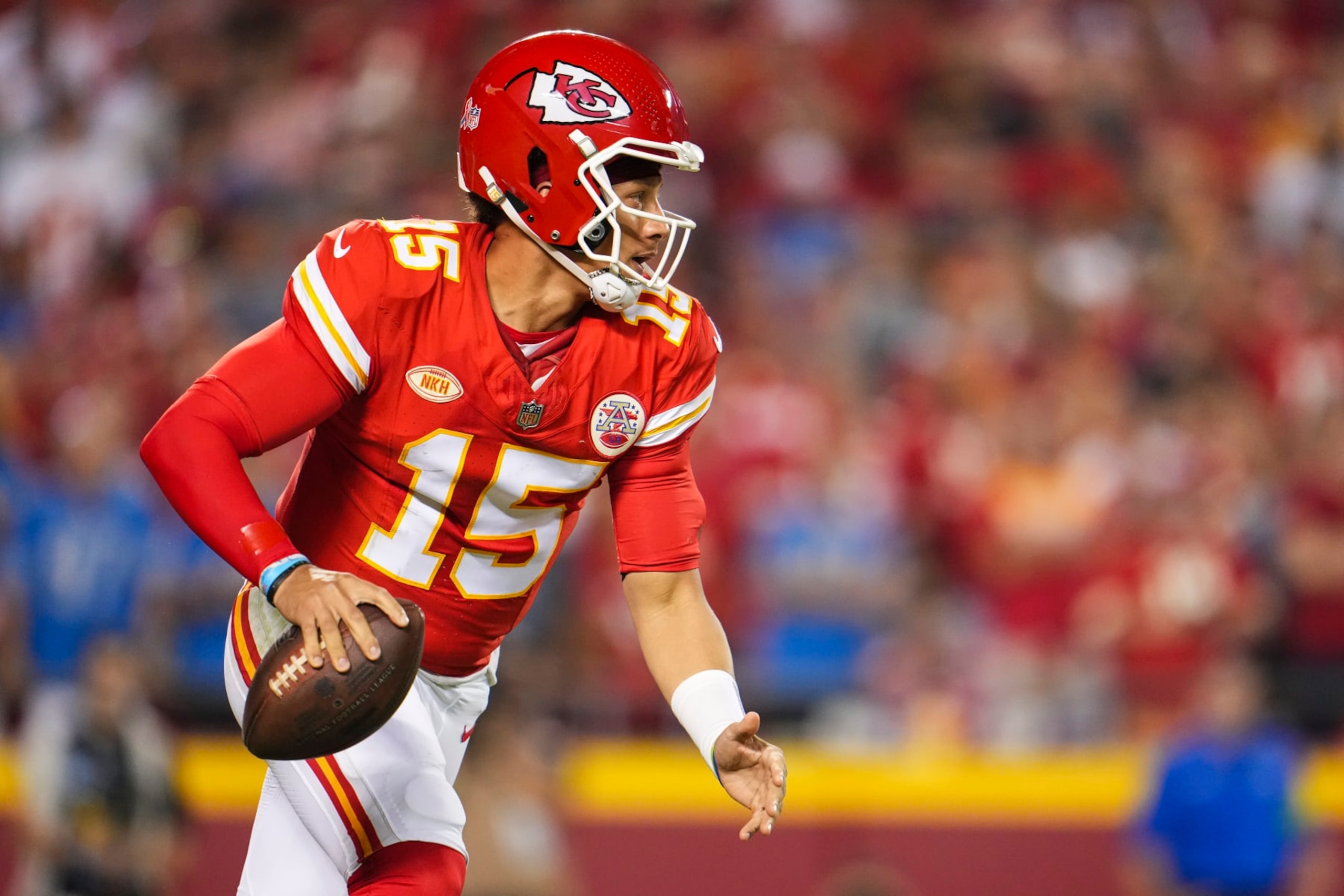 KANSAS CITY, MO - SEPTEMBER 07: Patrick Mahomes #15 of the Kansas City Chiefs scrambles out of the pocket during at GEHA Field at Arrowhead Stadium on September 7, 2023 in Kansas City, Missouri. (Photo by Cooper Neill/Getty Images)