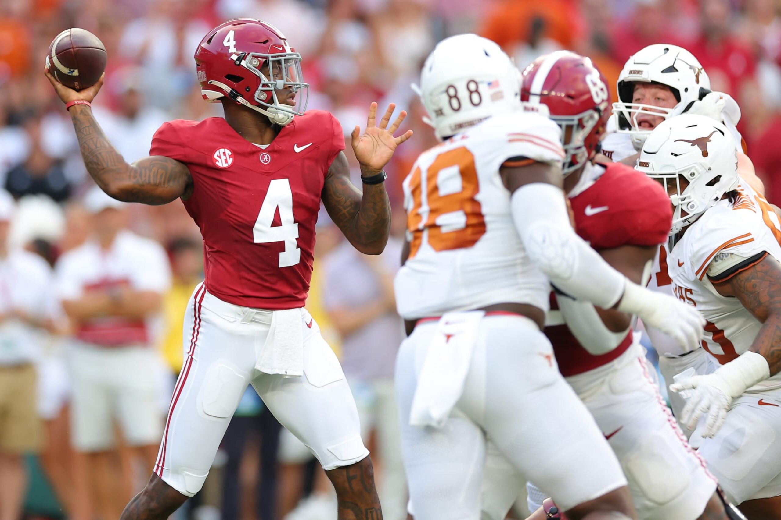 TUSCALOOSA, ALABAMA - SEPTEMBER 09: Jalen Milroe #4 of the Alabama Crimson Tide throws the ball during the first quarter against the Texas Longhorns at Bryant-Denny Stadium on September 09, 2023 in Tuscaloosa, Alabama. (Photo by Kevin C. Cox/Getty Images)