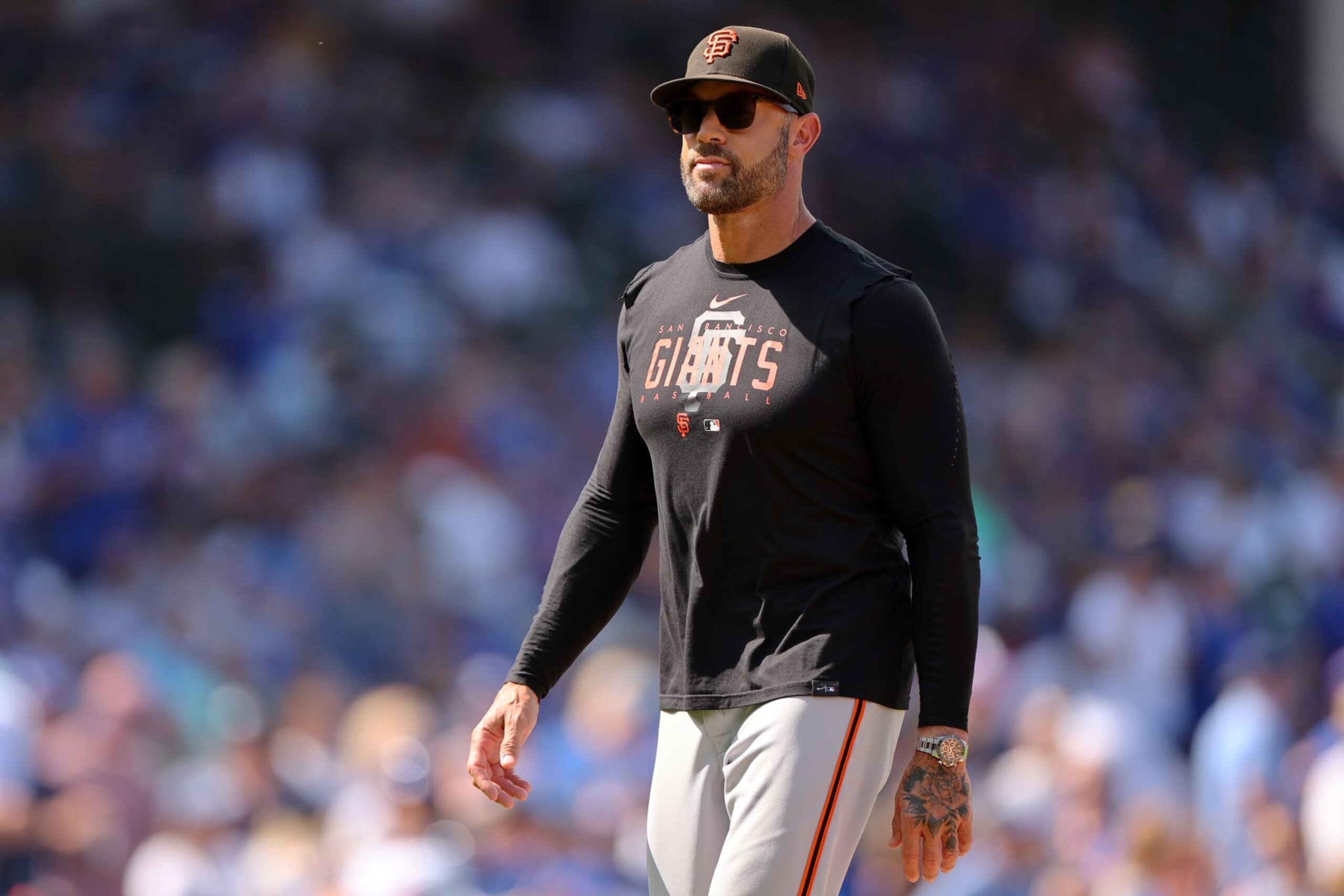 CHICAGO, ILLINOIS - SEPTEMBER 06: Manager Gabe Kapler #19 of the San Francisco Giants looks on during the third inning after removing Alex Wood #57 from the game against the Chicago Cubs at Wrigley Field on September 06, 2023 in Chicago, Illinois. (Photo by Michael Reaves/Getty Images)