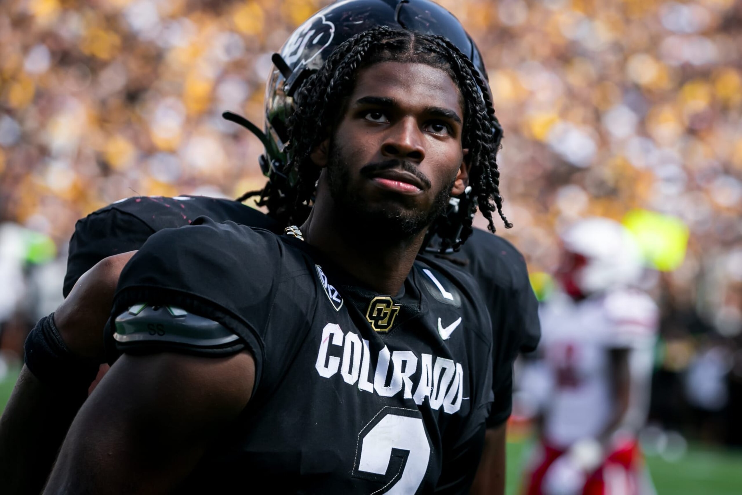 BOULDER, CO - SEPTEMBER 09: Colorado quarterback Shedeur Sanders (2) gazes towards the fans after an offensive play  during the home opener game between the Colorado Buffaloes and the the Nebraska Cornhuskers on Saturday, September 9, 2023 at Folsom Field in Boulder, CO.  (Photo by Nick Tre. Smith/Icon Sportswire via Getty Images)