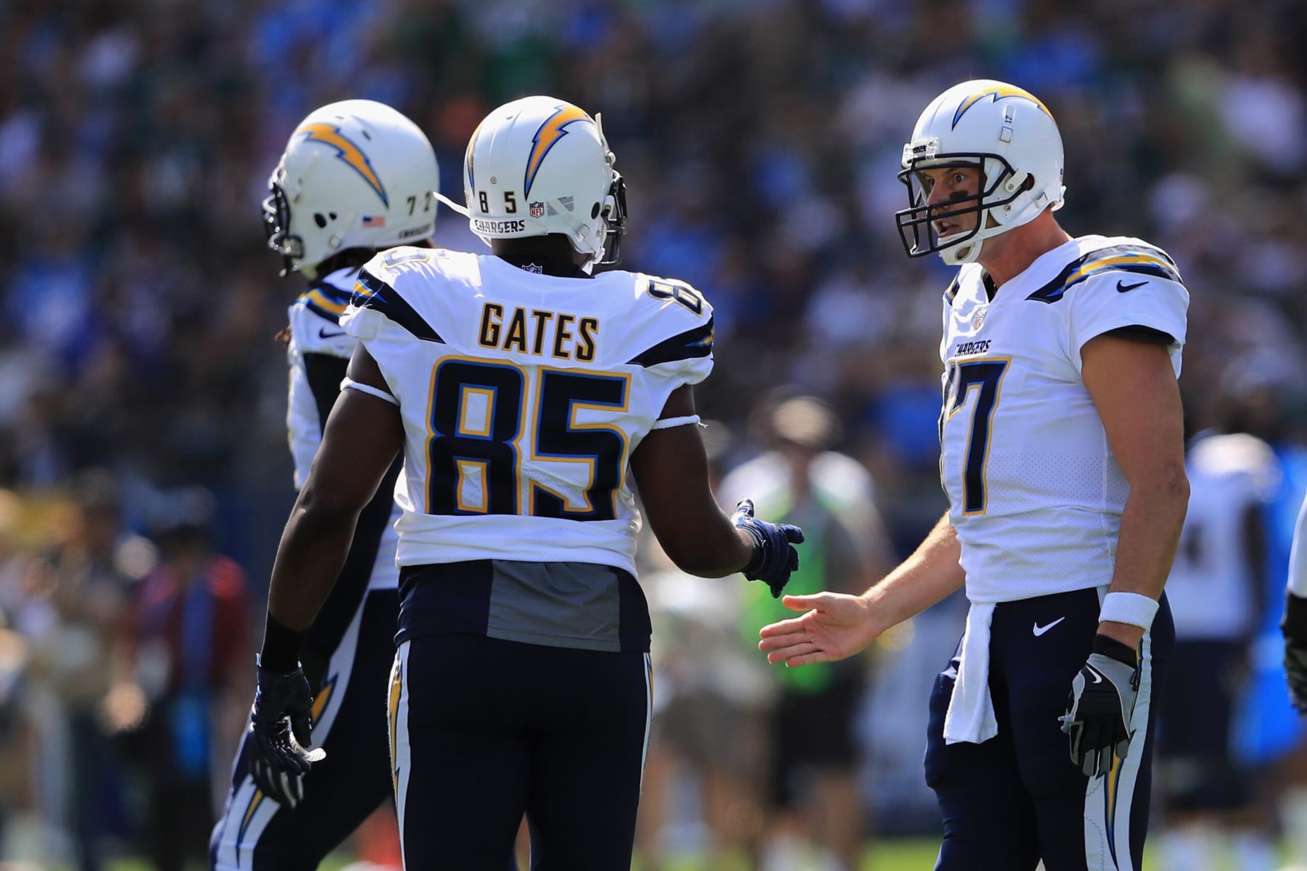 CARSON, CA - OCTOBER 01:   Philip Rivers #17 talks with  Antonio Gates #85 of the Los Angeles Chargers over a broken play during the first half of a game against the Philadelphia Eagles  at StubHub Center on October 1, 2017 in Carson, California.  (Photo by Sean M. Haffey/Getty Images)