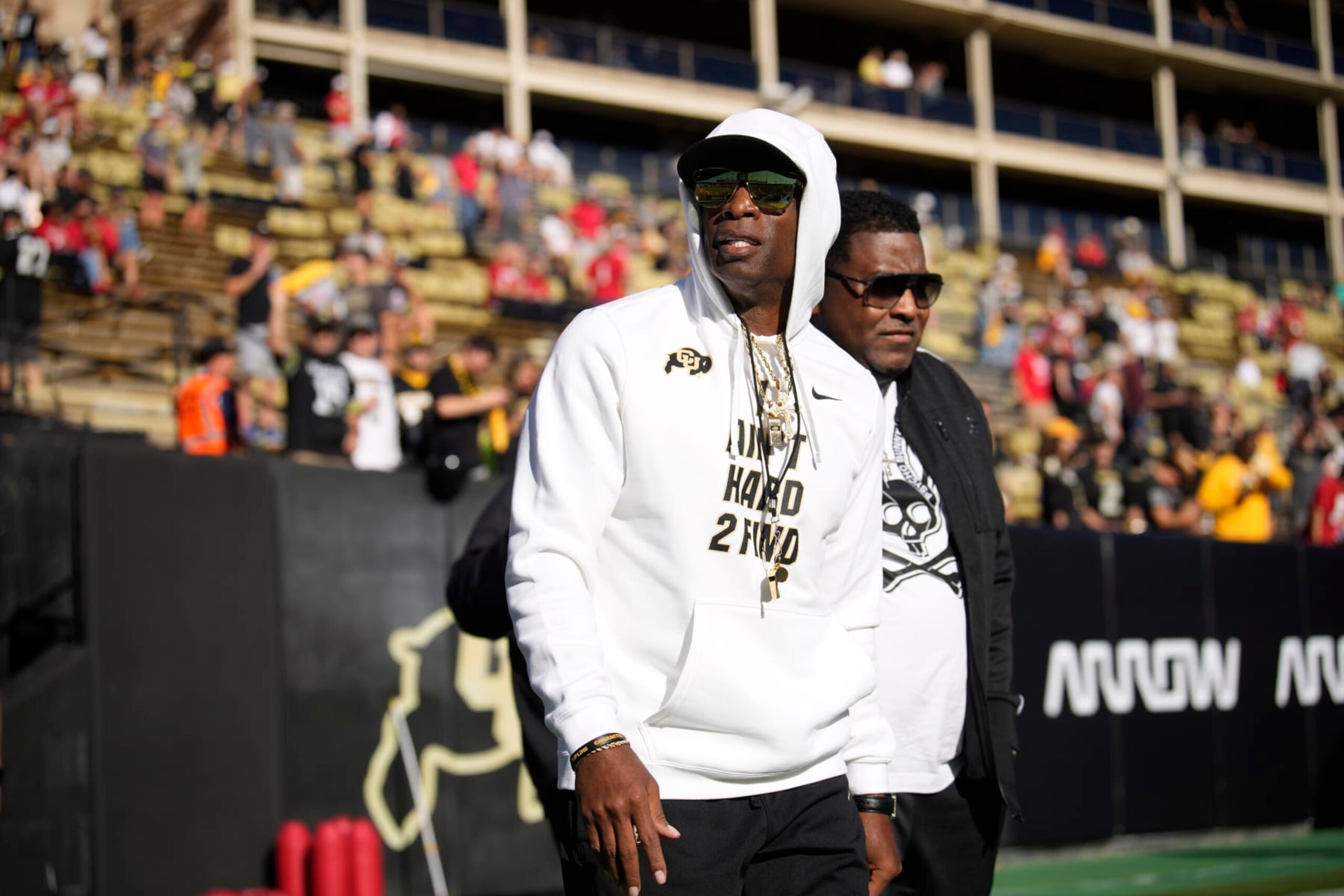 Colorado head coach Deion Sanders before an NCAA college football game Saturday, Sept. 9, 2023, in Boulder, Colo. (AP Photo/David Zalubowski)