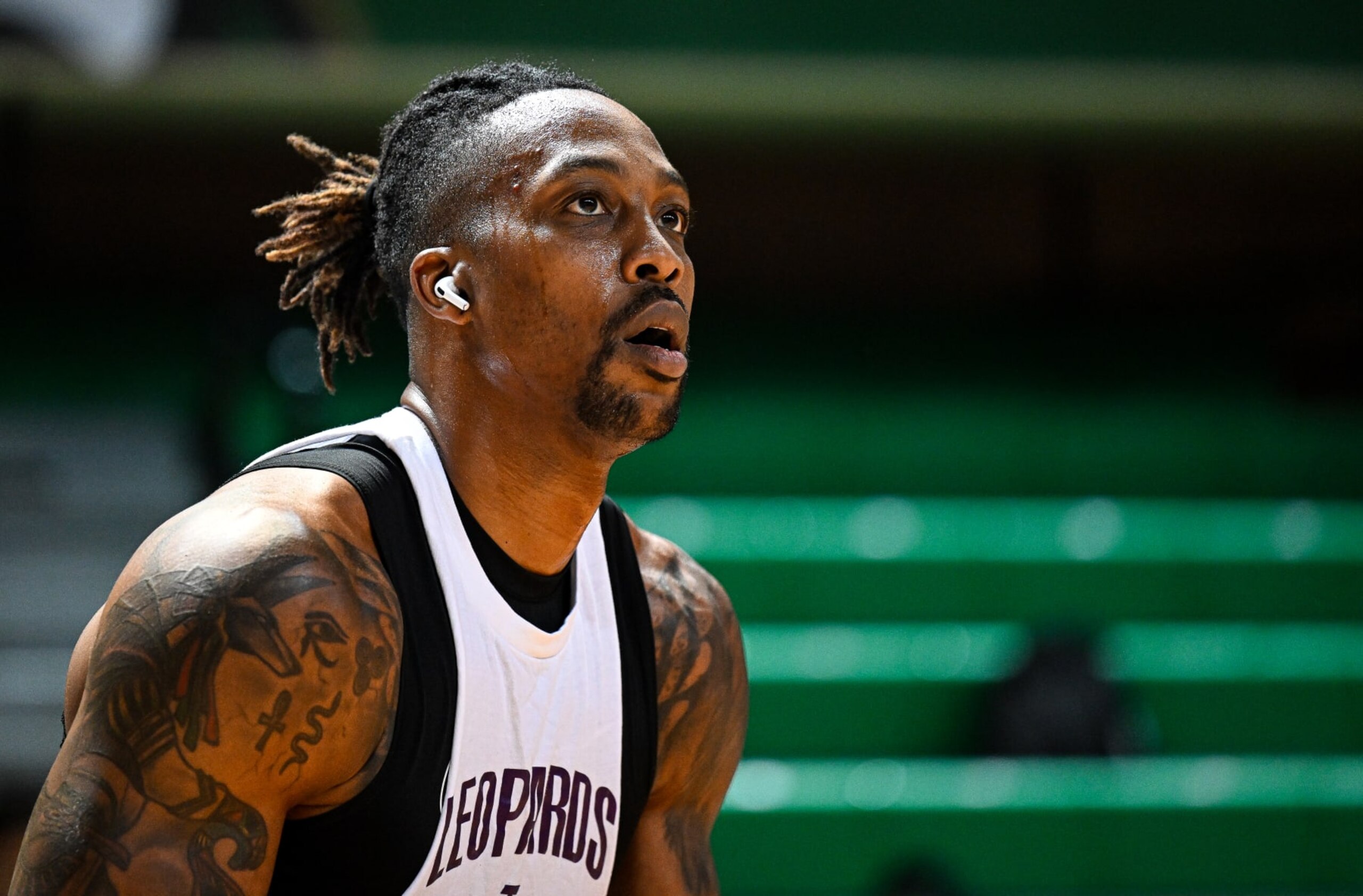 TAIPEI, TAIWAN - FEBRUARY 19: Dwight Howard #12 of the Taoyuan Leopards warms up prior to the T1 League game between TaiwanBeer HeroBears and Taoyuan Leopards at University of Taipei Tianmu Gymnasium on February 19, 2023 in Taipei, Taiwan. (Photo by Gene Wang/Getty Images)