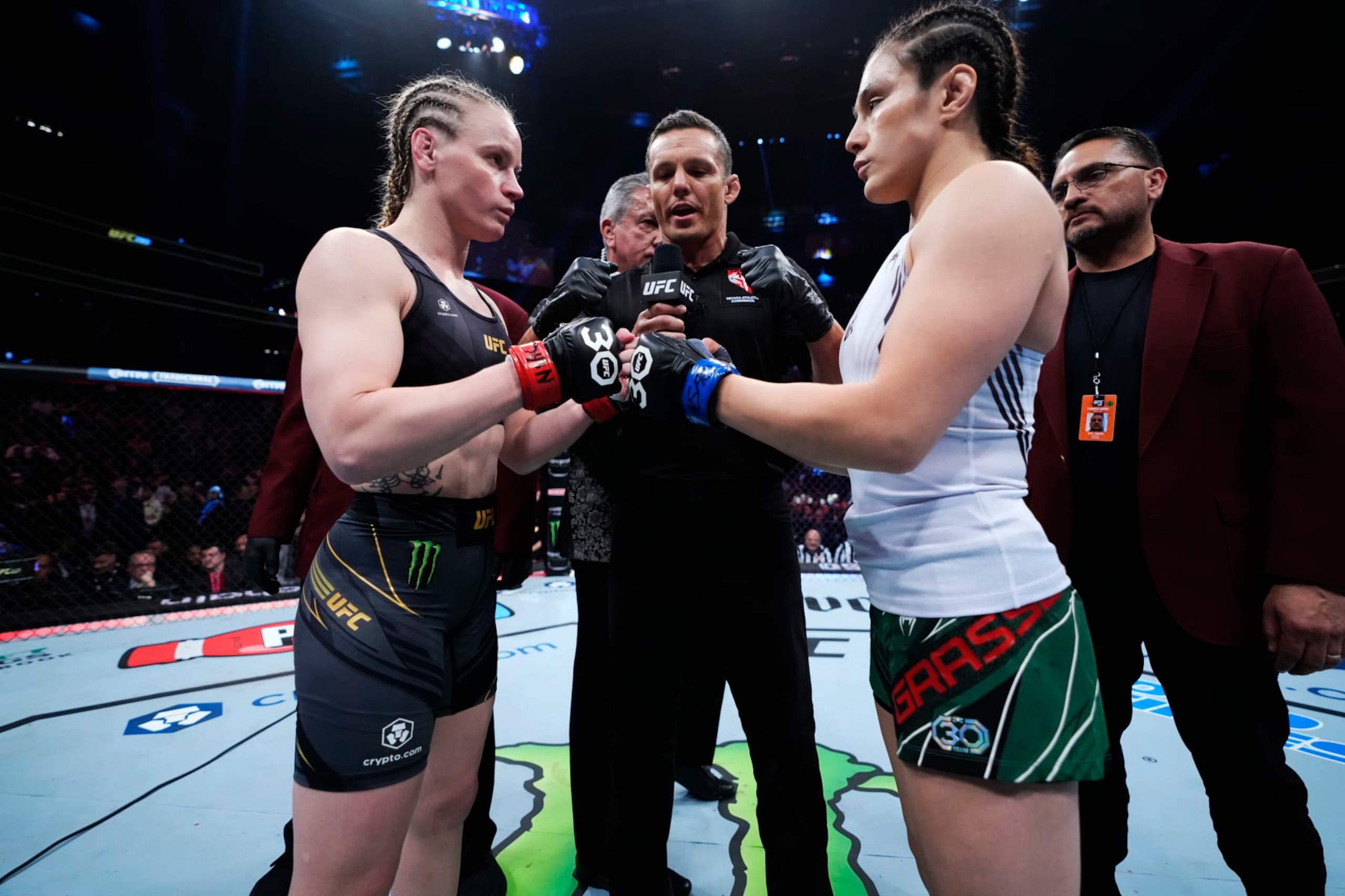 LAS VEGAS, NEVADA - MARCH 04: (L-R) Opponents Valentina Shevchenko of Kyrgyzstan and Alexa Grasso of Mexico face off prior to the UFC flyweight championship fight during the UFC 285 event at T-Mobile Arena on March 04, 2023 in Las Vegas, Nevada. (Photo by Jeff Bottari/Zuffa LLC via Getty Images)