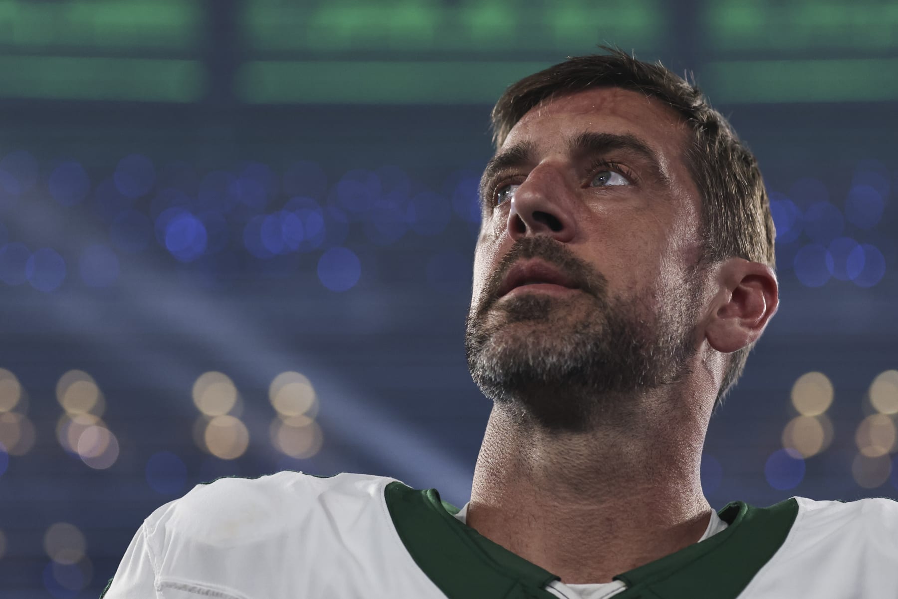 EAST RUTHERFORD, NEW JERSEY - SEPTEMBER 11: Aaron Rodgers #8 of the New York Jets looks on during the national anthem prior to a game against the Buffalo Bills at MetLife Stadium on September 11, 2023 in East Rutherford, New Jersey. (Photo by Michael Owens/Getty Images)