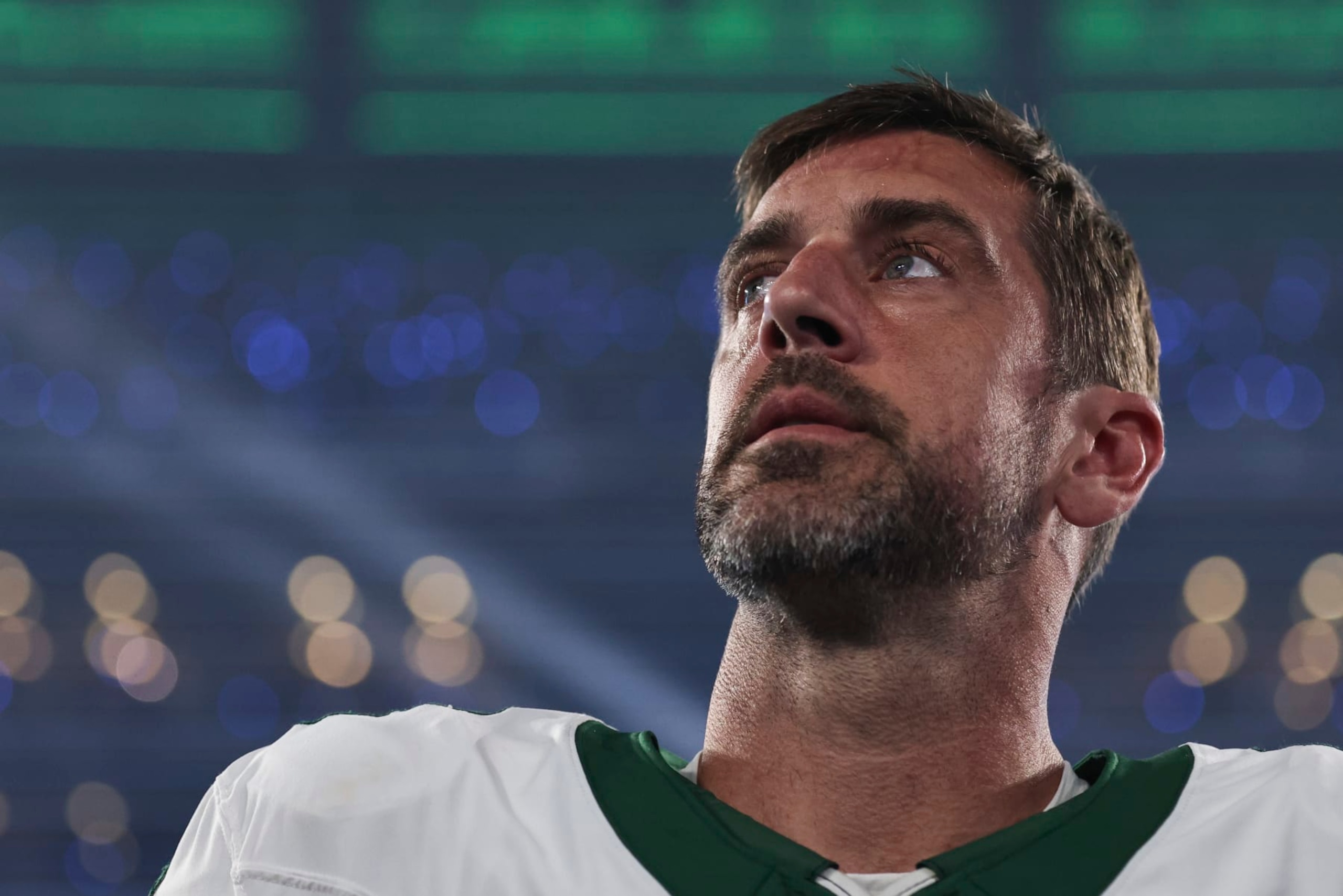 EAST RUTHERFORD, NEW JERSEY - SEPTEMBER 11: Aaron Rodgers #8 of the New York Jets looks on during the national anthem prior to a game against the Buffalo Bills at MetLife Stadium on September 11, 2023 in East Rutherford, New Jersey. (Photo by Michael Owens/Getty Images)