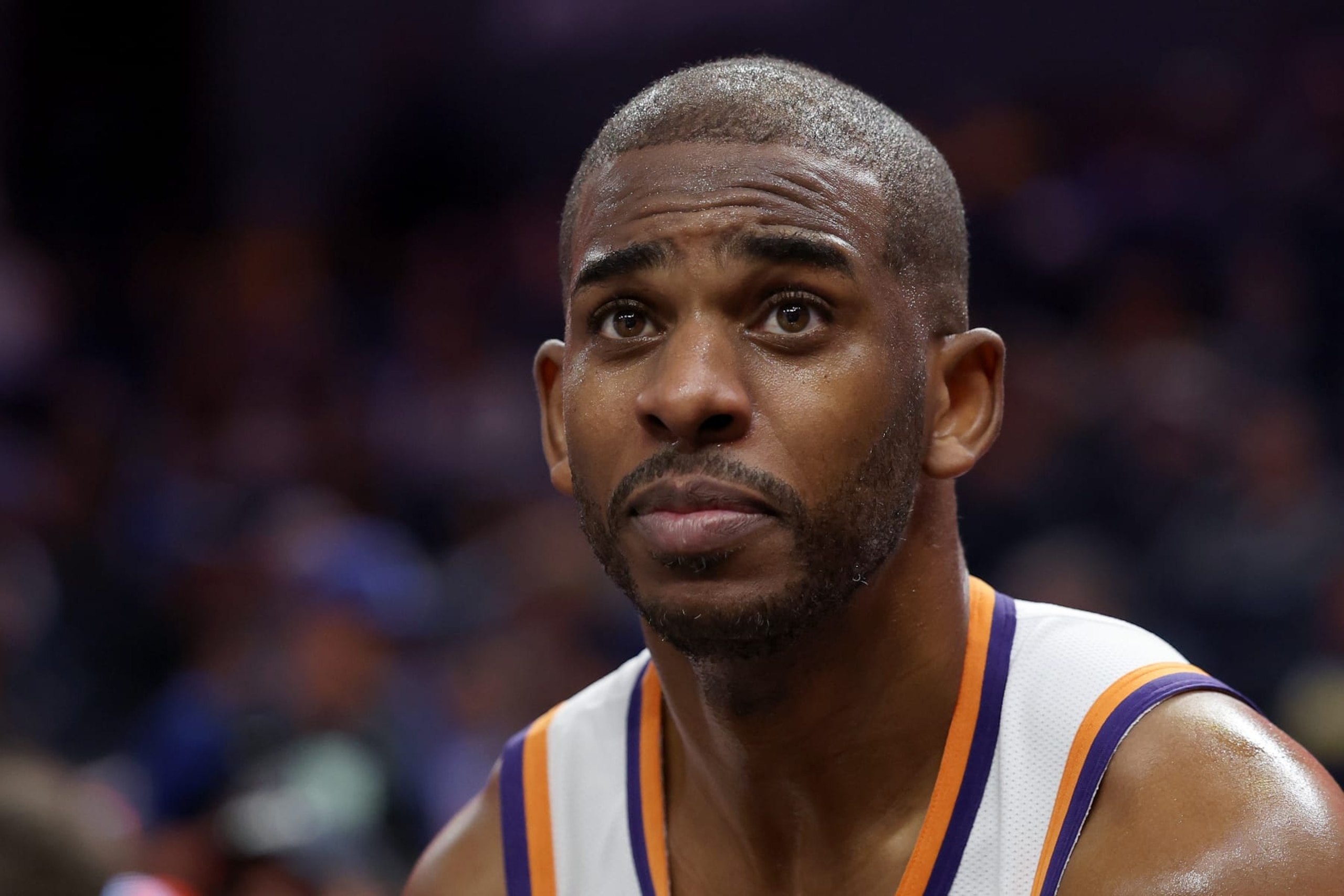 SAN FRANCISCO, CALIFORNIA - MARCH 13: Chris Paul #3 of the Phoenix Suns sits on the bench during their game against the Golden State Warriors at Chase Center on March 13, 2023 in San Francisco, California. NOTE TO USER: User expressly acknowledges and agrees that, by downloading and or using this photograph, User is consenting to the terms and conditions of the Getty Images License Agreement.   (Photo by Ezra Shaw/Getty Images)