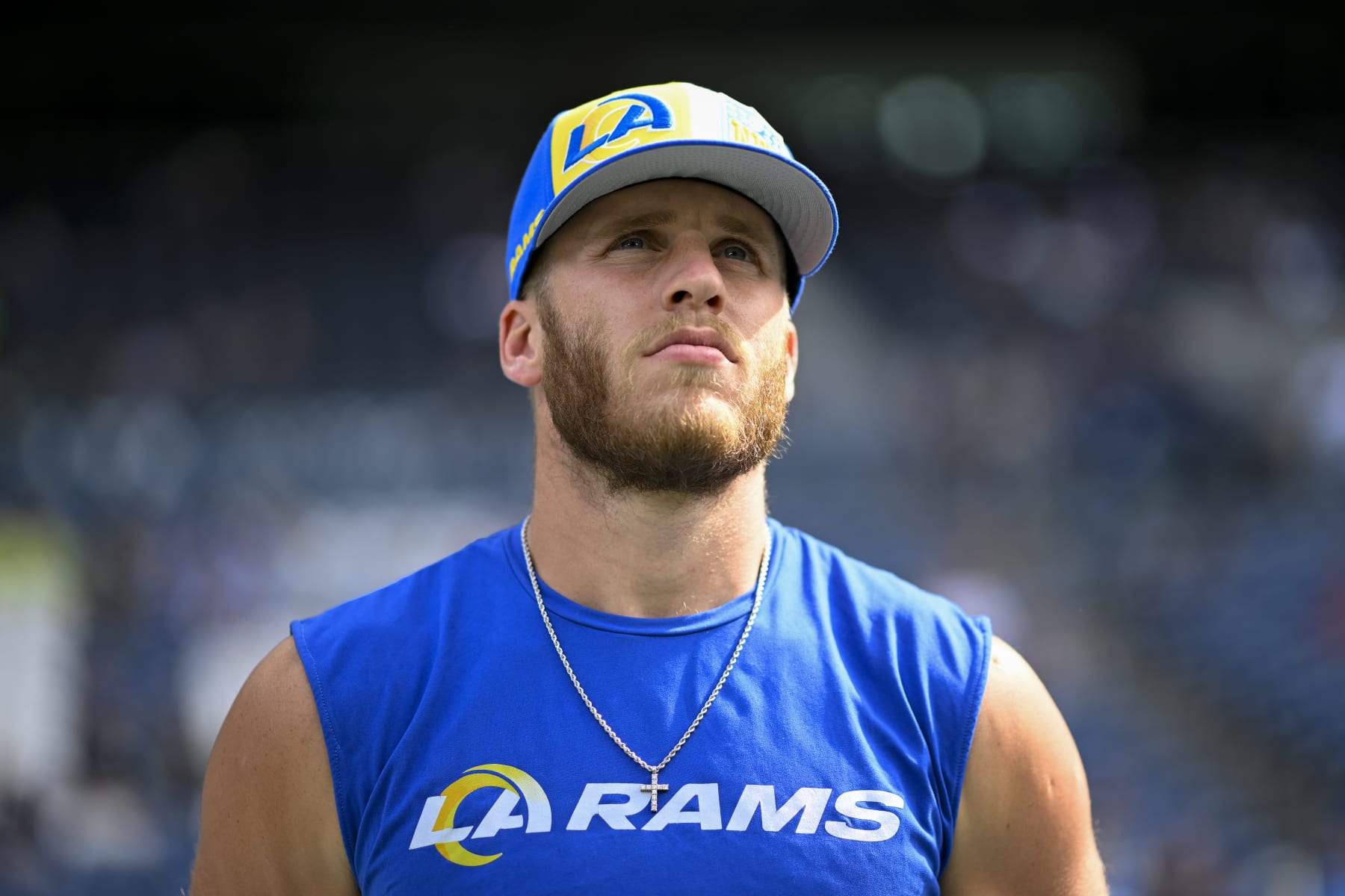 SEATTLE, WASHINGTON - SEPTEMBER 10: Cooper Kupp #10 of the Los Angeles Rams looks on before the game against the Seattle Seahawks at Lumen Field on September 10, 2023 in Seattle, Washington. The Los Angeles Rams won 30-13. (Photo by Alika Jenner/Getty Images)