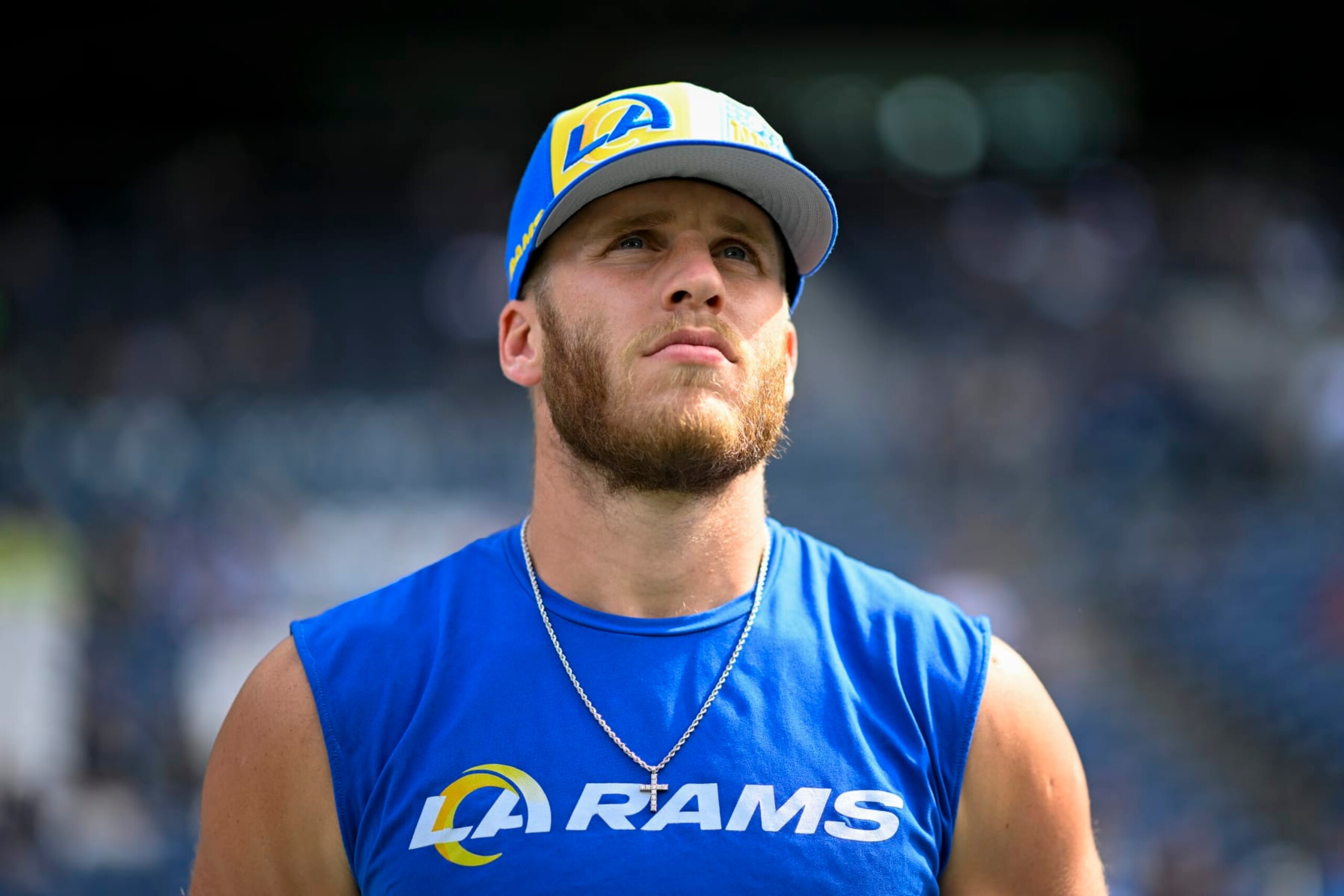 SEATTLE, WASHINGTON - SEPTEMBER 10: Cooper Kupp #10 of the Los Angeles Rams looks on before the game against the Seattle Seahawks at Lumen Field on September 10, 2023 in Seattle, Washington. The Los Angeles Rams won 30-13. (Photo by Alika Jenner/Getty Images) SEATTLE, WASHINGTON - SEPTEMBER 10: Cooper Kupp #10 of the Los Angeles Rams looks on before the game against the Seattle Seahawks at Lumen Field on September 10, 2023 in Seattle, Washington. The Los Angeles Rams won 30-13. (Photo by Alika Jenner/Getty Images)