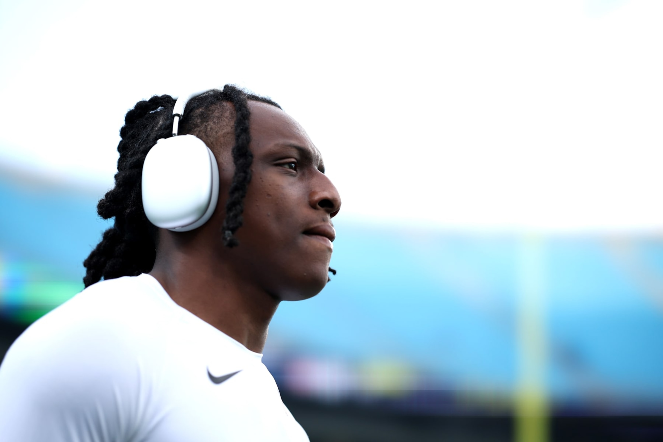 CHARLOTTE, NORTH CAROLINA - AUGUST 25: Jaycee Horn #8 of the Carolina Panthers warms up prior to a preseason game against the Detroit Lions at Bank of America Stadium on August 25, 2023 in Charlotte, North Carolina. (Photo by Jared C. Tilton/Getty Images)