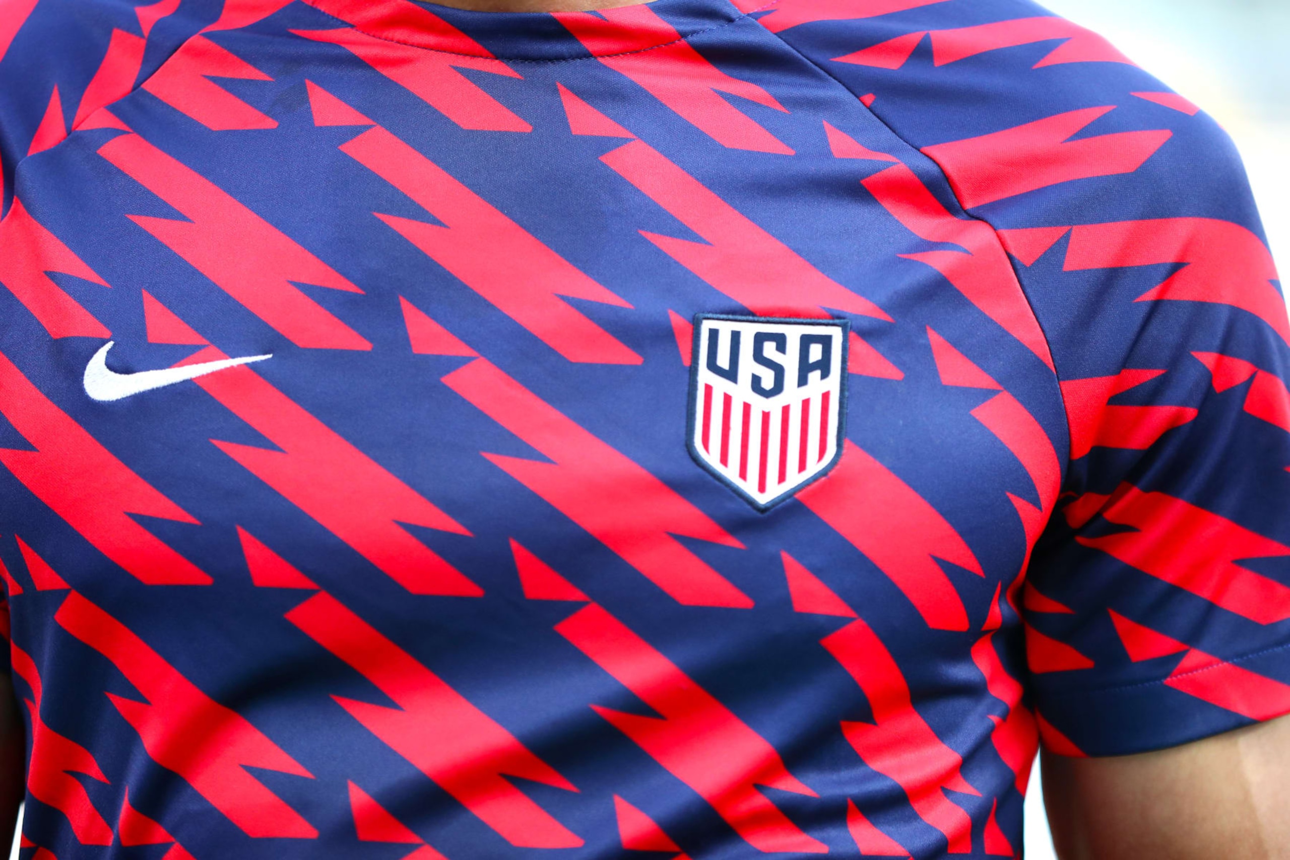 CHARLOTTE, NORTH CAROLINA - JULY 02: The USA logo is shown on a players jersey before the first half of the Concacaf Gold Cup match between the United States and the Trinidad and Tobago at Bank of America Stadium on July 02, 2023 in Charlotte, North Carolina. (Photo by David Jensen/Getty Images)