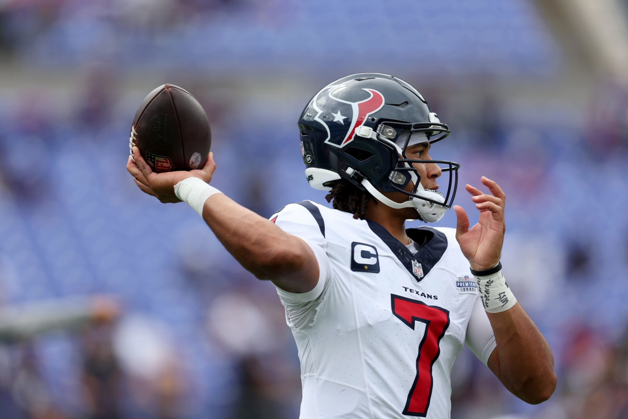 BALTIMORE, MARYLAND - SEPTEMBER 10: C.J. Stroud #7 of the Houston Texans warms up before the start of the Texans and Baltimore Ravens game at M&T Bank Stadium on September 10, 2023 in Baltimore, Maryland. (Photo by Rob Carr/Getty Images)