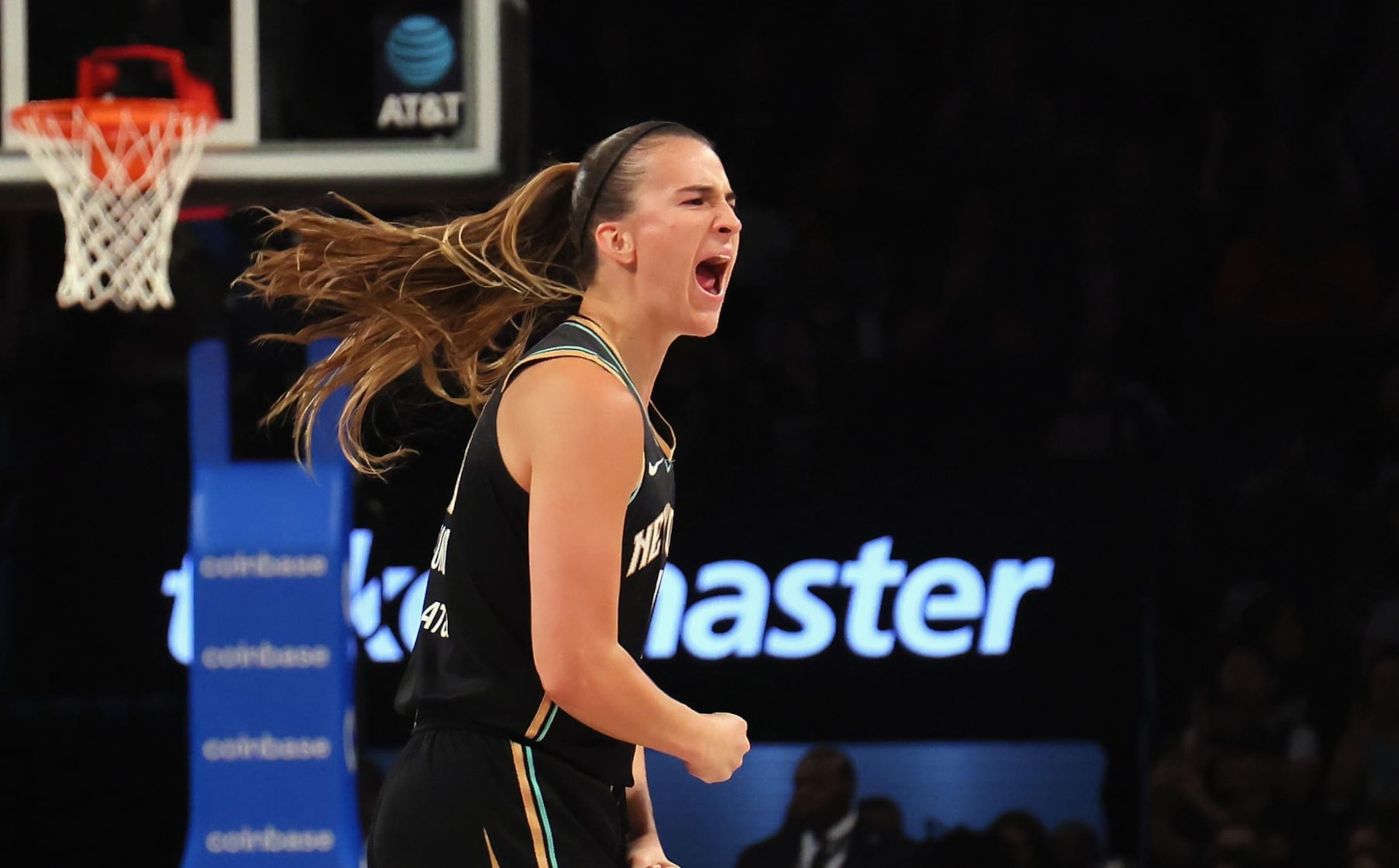 NEW YORK, NEW YORK - SEPTEMBER 10: Sabrina Ionescu #20 of the New York Liberty celebrates her three pointer against the Washington Mystics at Barclays Center on September 10, 2023 in the Brooklyn borough of New York City. NOTE TO USER: User expressly acknowledges and agrees that, by downloading and or using this photograph, User is consenting to the terms and conditions of the Getty Images License Agreement. (Photo by Bruce Bennett/Getty Images)