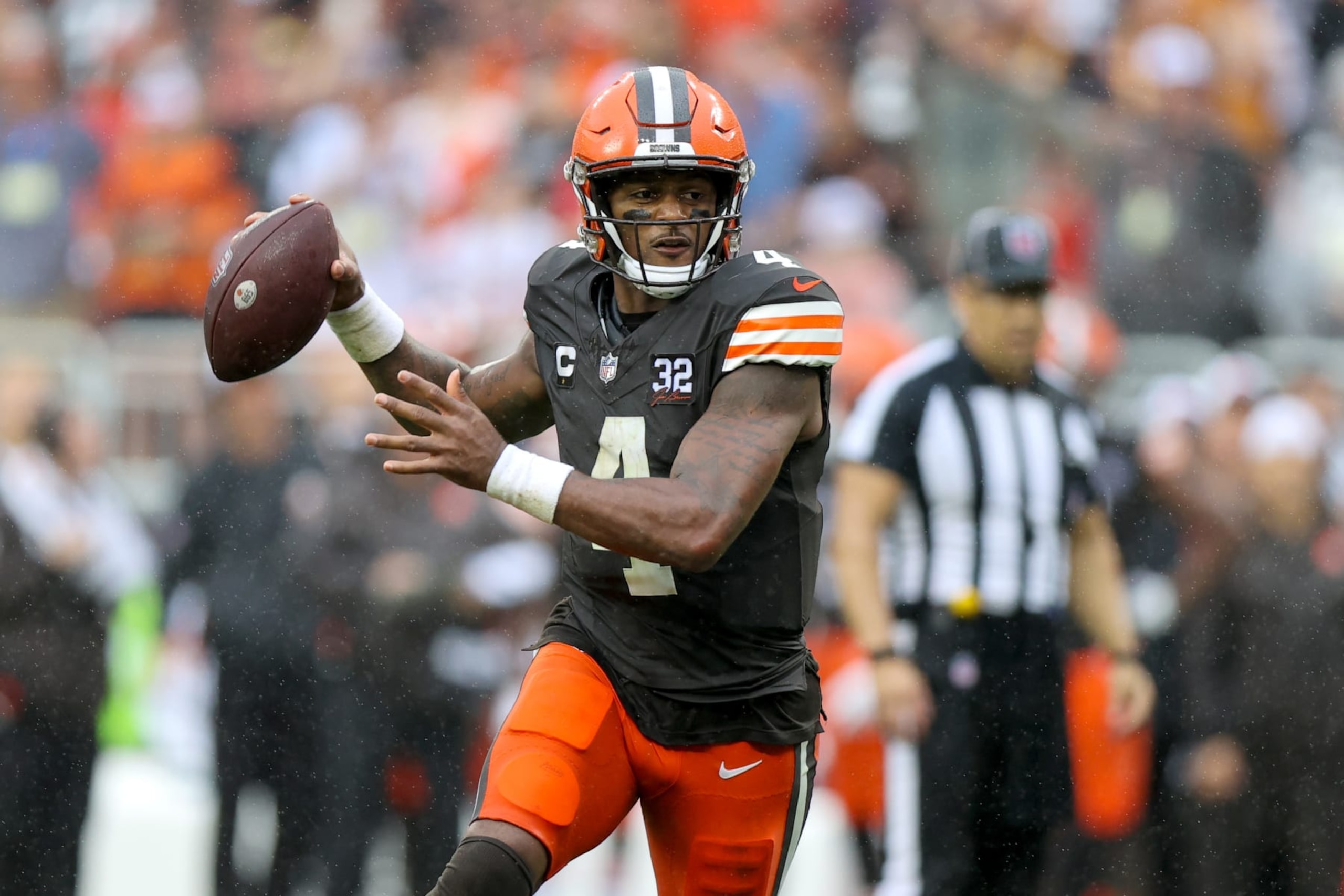 CLEVELAND, OH - SEPTEMBER 10: Cleveland Browns quarterback Deshaun Watson (4) throws on the run during the fourth quarter of the National Football League game between the Cincinnati Bengals and Cleveland Browns on September 10, 2023, at Cleveland Browns Stadium in Cleveland, OH. (Photo by Frank Jansky/Icon Sportswire via Getty Images)