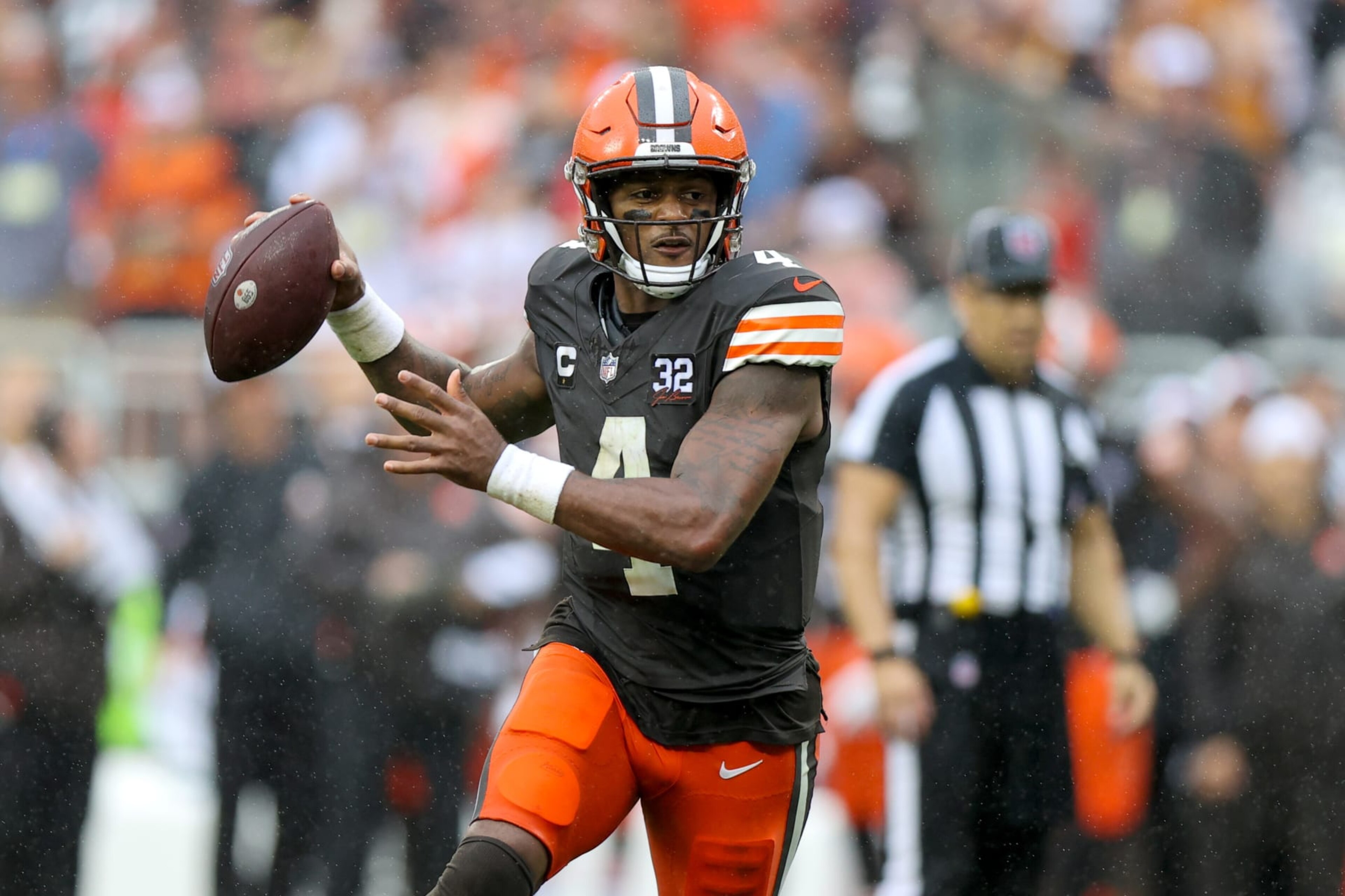 CLEVELAND, OH - SEPTEMBER 10: Cleveland Browns quarterback Deshaun Watson (4) throws on the run during the fourth quarter of the National Football League game between the Cincinnati Bengals and Cleveland Browns on September 10, 2023, at Cleveland Browns Stadium in Cleveland, OH. (Photo by Frank Jansky/Icon Sportswire via Getty Images)