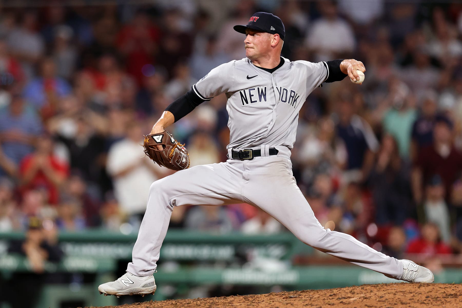 BOSTON, MASSACHUSETTS - SEPTEMBER 12: Anthony Misiewicz #54 of the New York Yankees pitches against the Boston Red Sox during the seventh inning at Fenway Park on September 12, 2023 in Boston, Massachusetts. (Photo by Maddie Meyer/Getty Images)