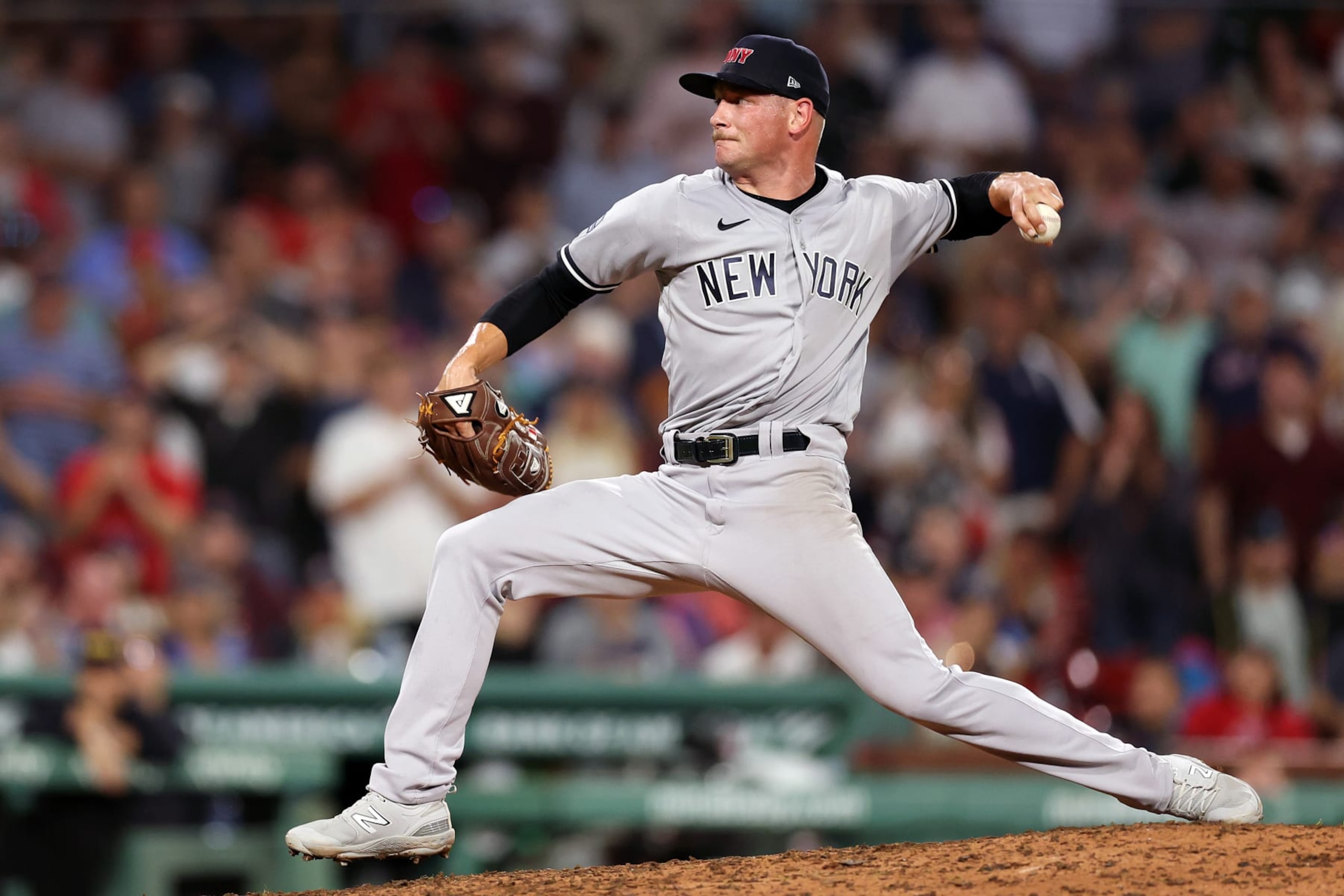 BOSTON, MASSACHUSETTS - SEPTEMBER 12: Anthony Misiewicz #54 of the New York Yankees pitches against the Boston Red Sox during the seventh inning at Fenway Park on September 12, 2023 in Boston, Massachusetts. (Photo by Maddie Meyer/Getty Images)
