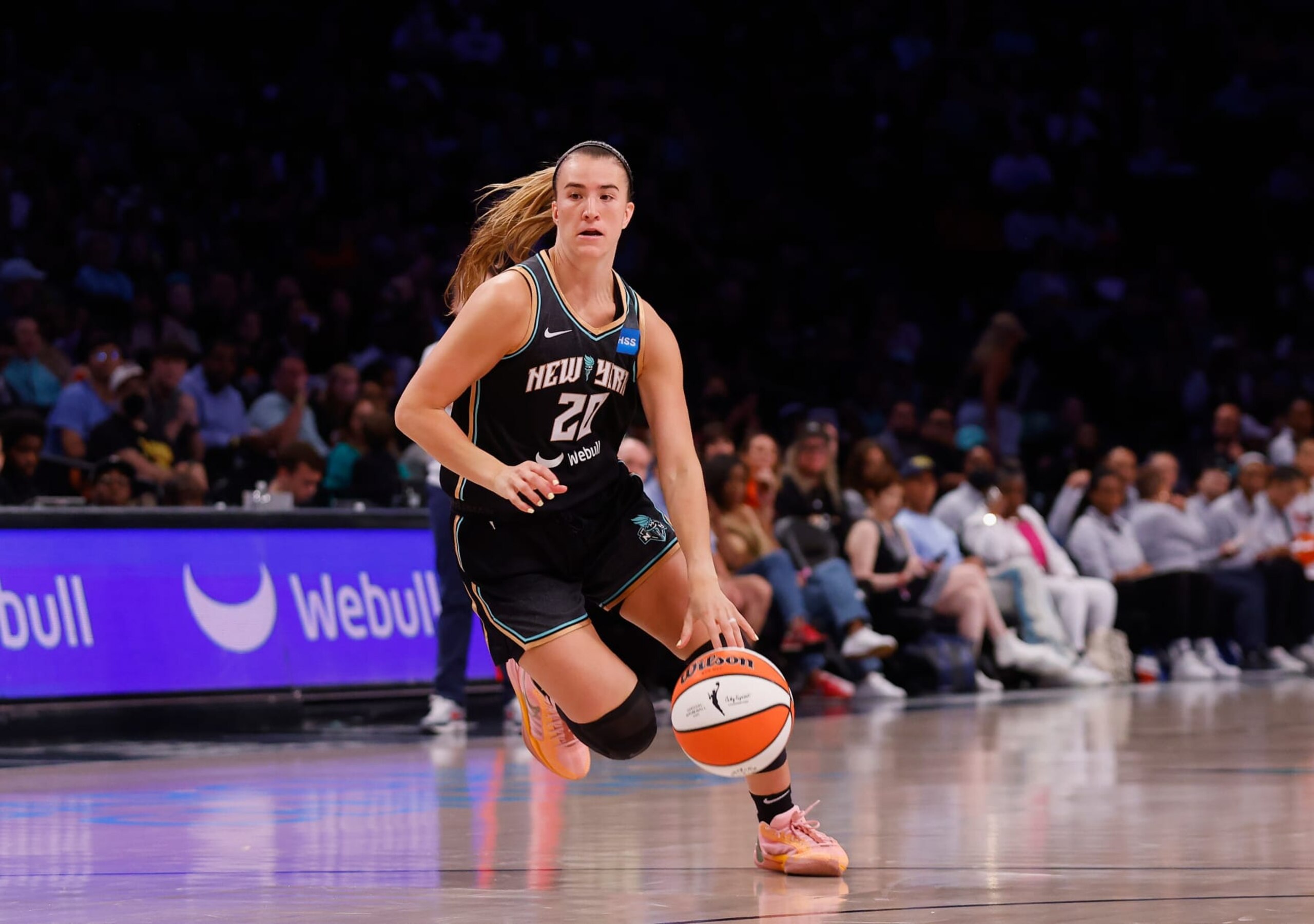 NEW YORK, NEW YORK - SEPTEMBER 10: Sabrina Ionescu #20 of the New York Liberty plays against the Washington Mystics at Barclays Center on September 10, 2023 in the Brooklyn borough of New York City. NOTE TO USER: User expressly acknowledges and agrees that, by downloading and or using this photograph, User is consenting to the terms and conditions of the Getty Images License Agreement. (Photo by Bruce Bennett/Getty Images)