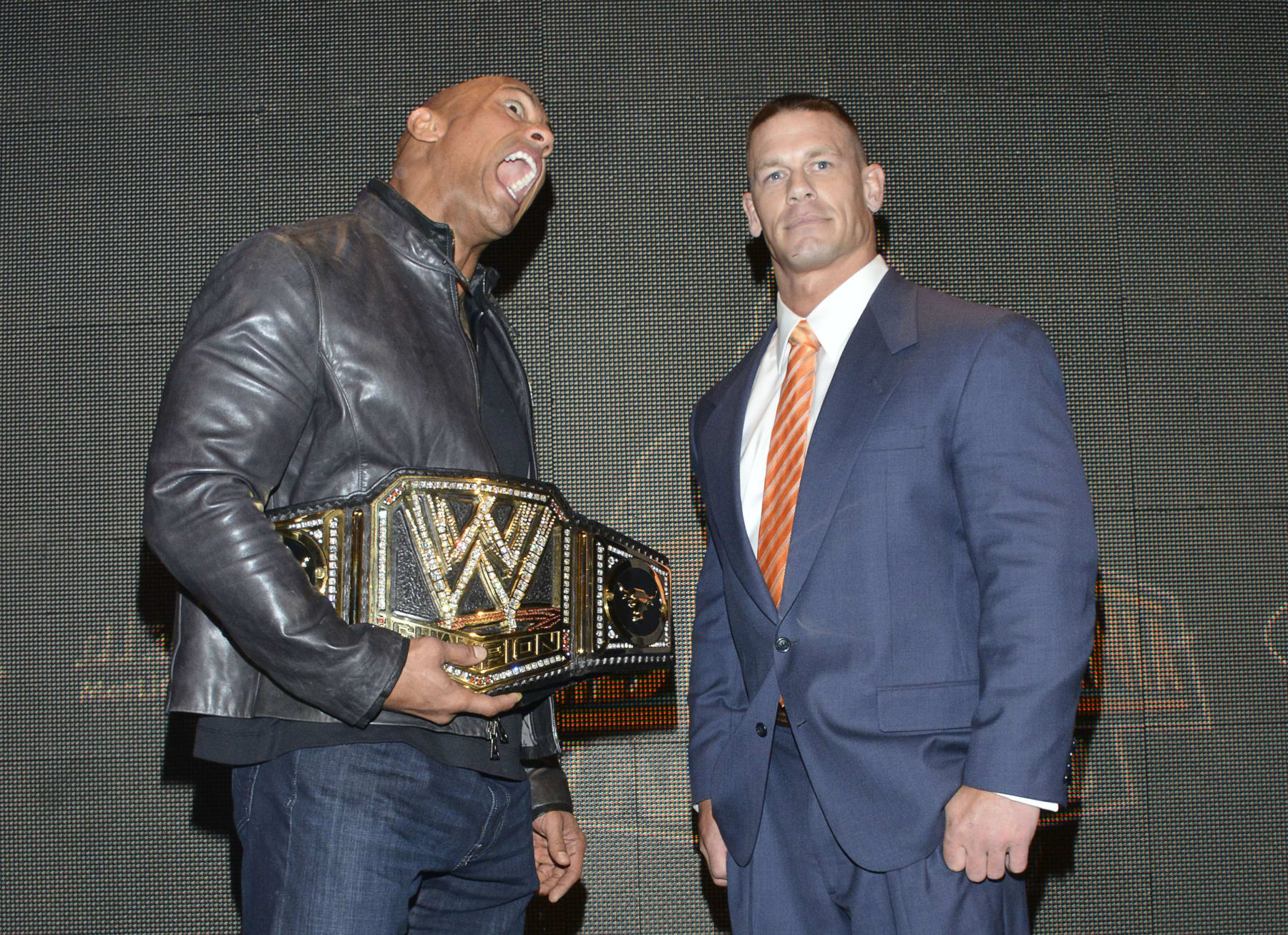 NEW YORK, NY - APRIL 04:  Dwayne "The Rock" Johnson and John Cena attend the WrestleMania 29 Press Conference at Radio City Music Hall on April 4, 2013 in New York City.  (Photo by Eugene Gologursky/WireImage)