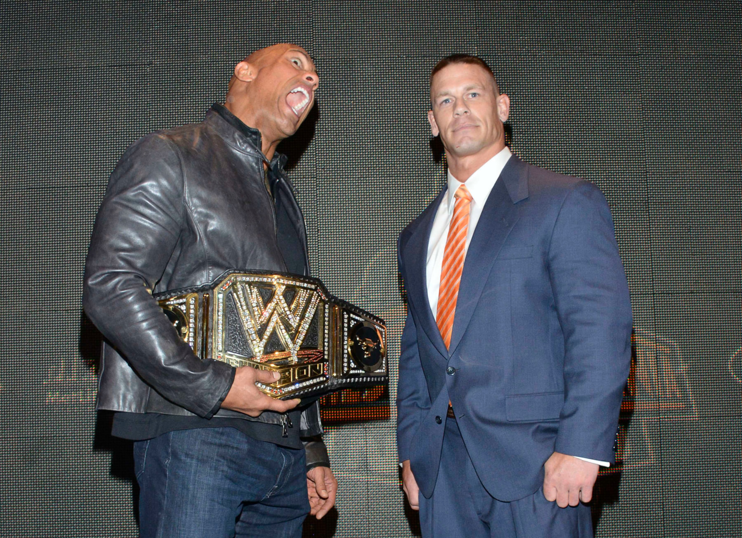 NEW YORK, NY - APRIL 04:  Dwayne "The Rock" Johnson and John Cena attend the WrestleMania 29 Press Conference at Radio City Music Hall on April 4, 2013 in New York City.  (Photo by Eugene Gologursky/WireImage)