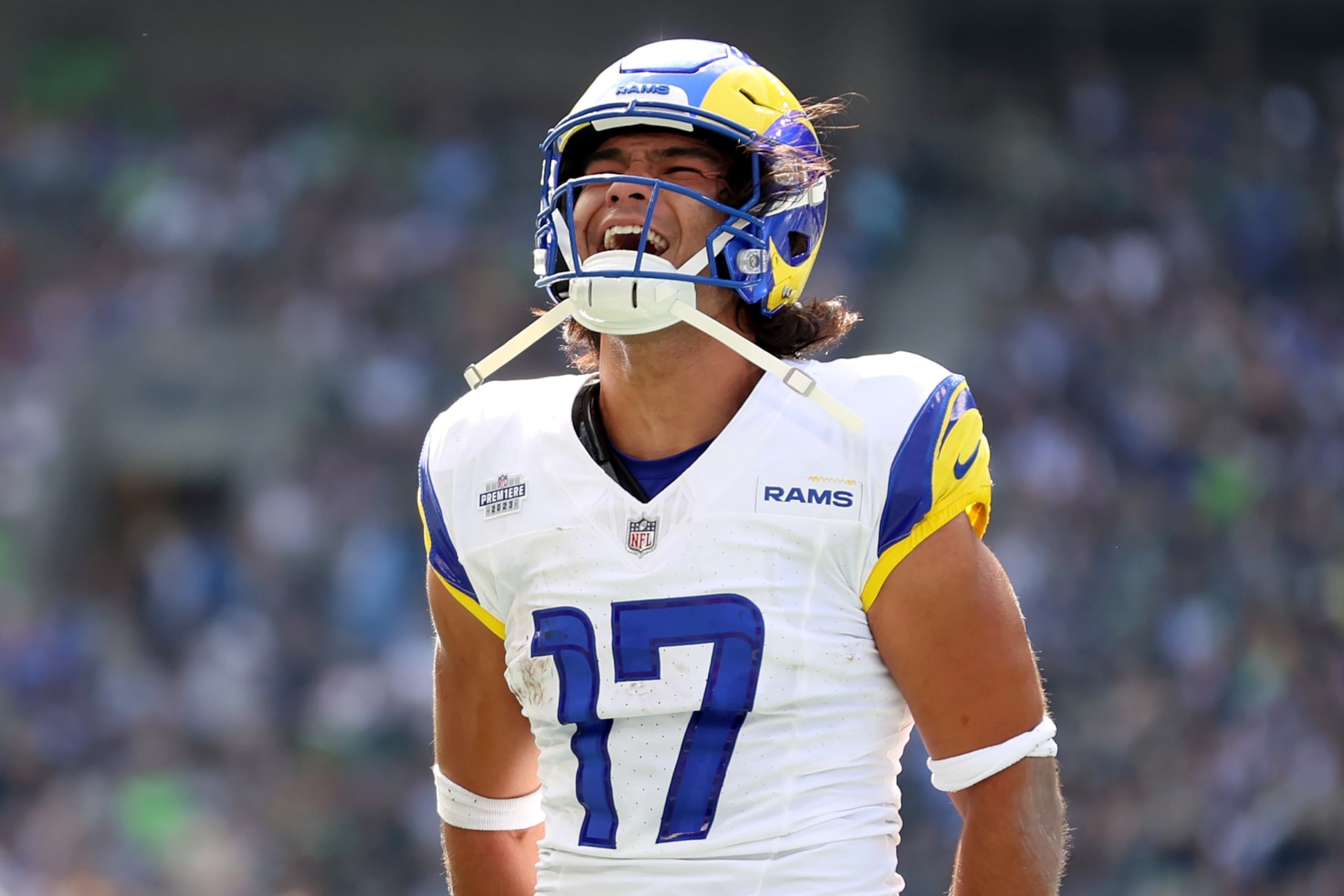 SEATTLE, WASHINGTON - SEPTEMBER 10: Puka Nacua #17 of the Los Angeles Rams celebrates a touchdown  against the Seattle Seahawks at Lumen Field on September 10, 2023 in Seattle, Washington. (Photo by Steph Chambers/Getty Images)