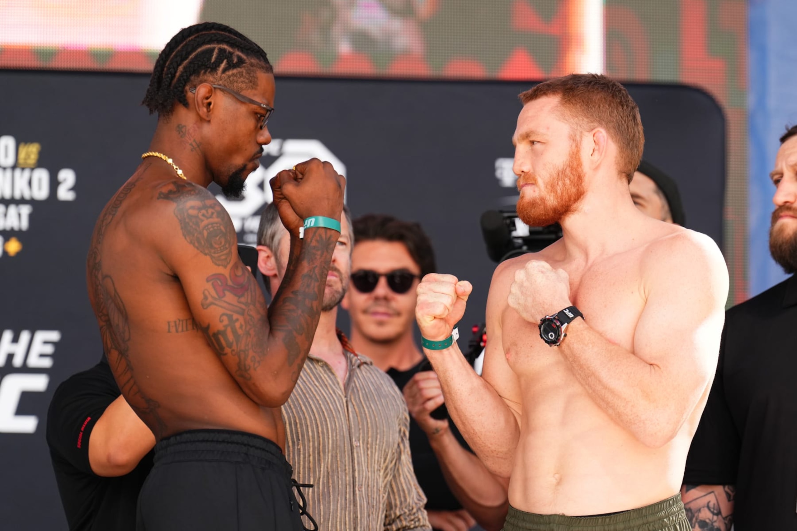 LAS VEGAS, NEVADA - SEPTEMBER 15:  (L-R) Kevin Holland and Jack Della Maddalena of Australia face off during the Noche UFC ceremonial weigh-in at Toshiba Plaza on September 15, 2023 in Las Vegas, Nevada. (Photo by Chris Unger/Zuffa LLC via Getty Images)
