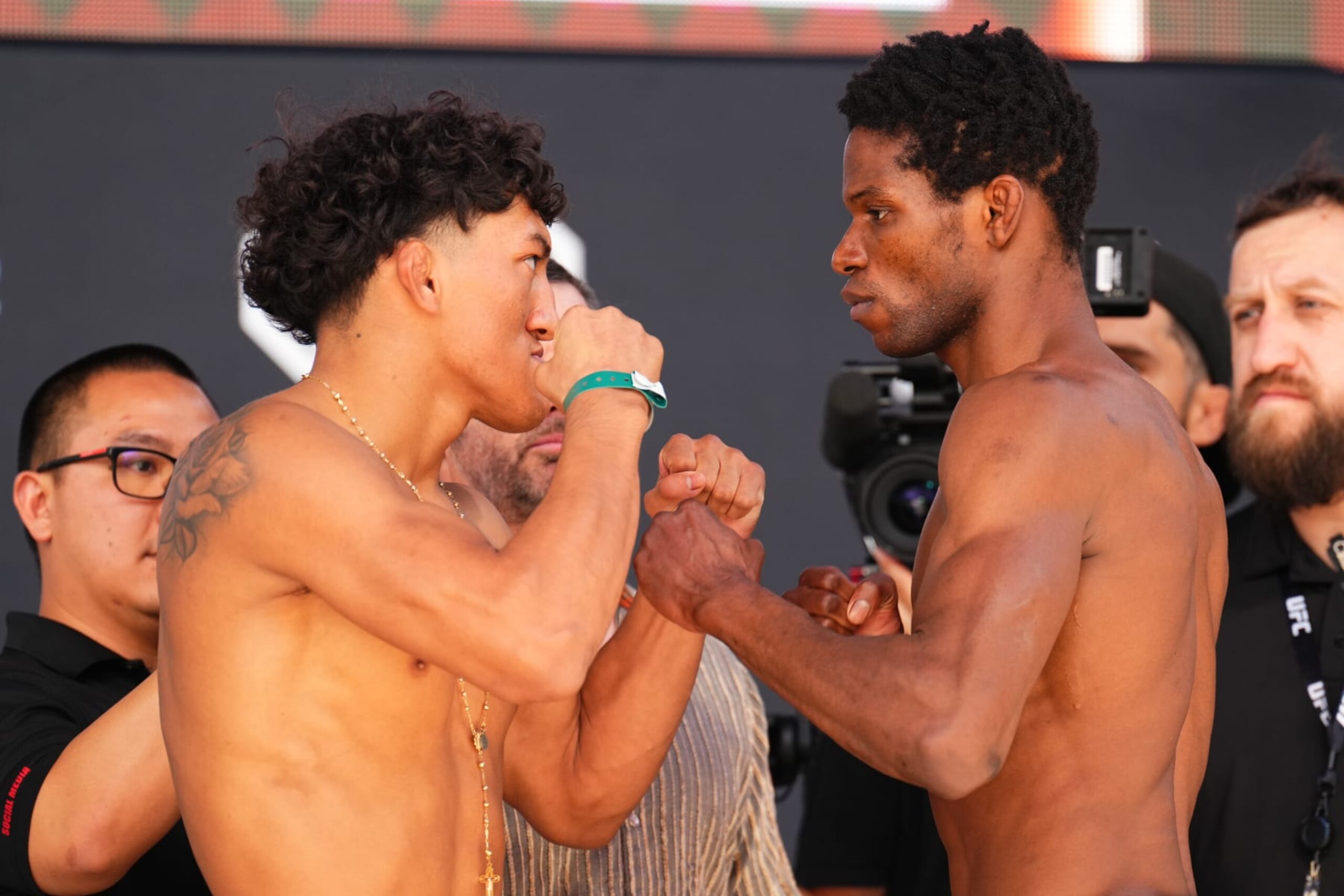 LAS VEGAS, NEVADA - SEPTEMBER 15: (L-R) Raul Rosas Jr. and Terrence Mitchell face off during the Noche UFC ceremonial weigh-in at Toshiba Plaza on September 15, 2023 in Las Vegas, Nevada. (Photo by Chris Unger/Zuffa LLC via Getty Images)