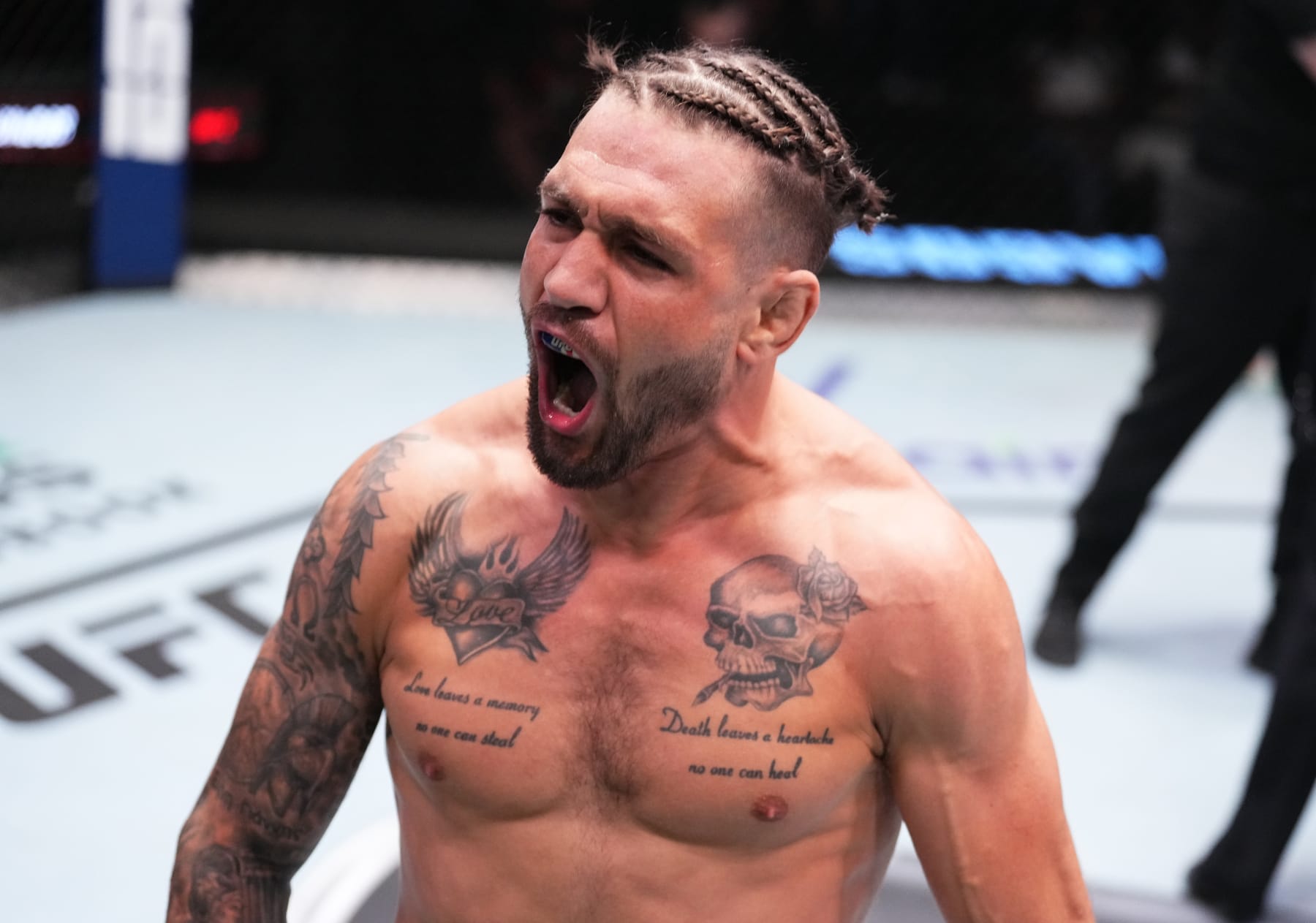 LAS VEGAS, NEVADA - APRIL 22: Christos Giagos reacts after his TKO victory over Ricky Glenn in a lightweight fight during the UFC Fight Night event at UFC APEX on April 22, 2023 in Las Vegas, Nevada. (Photo by Chris Unger/Zuffa LLC via Getty Images)