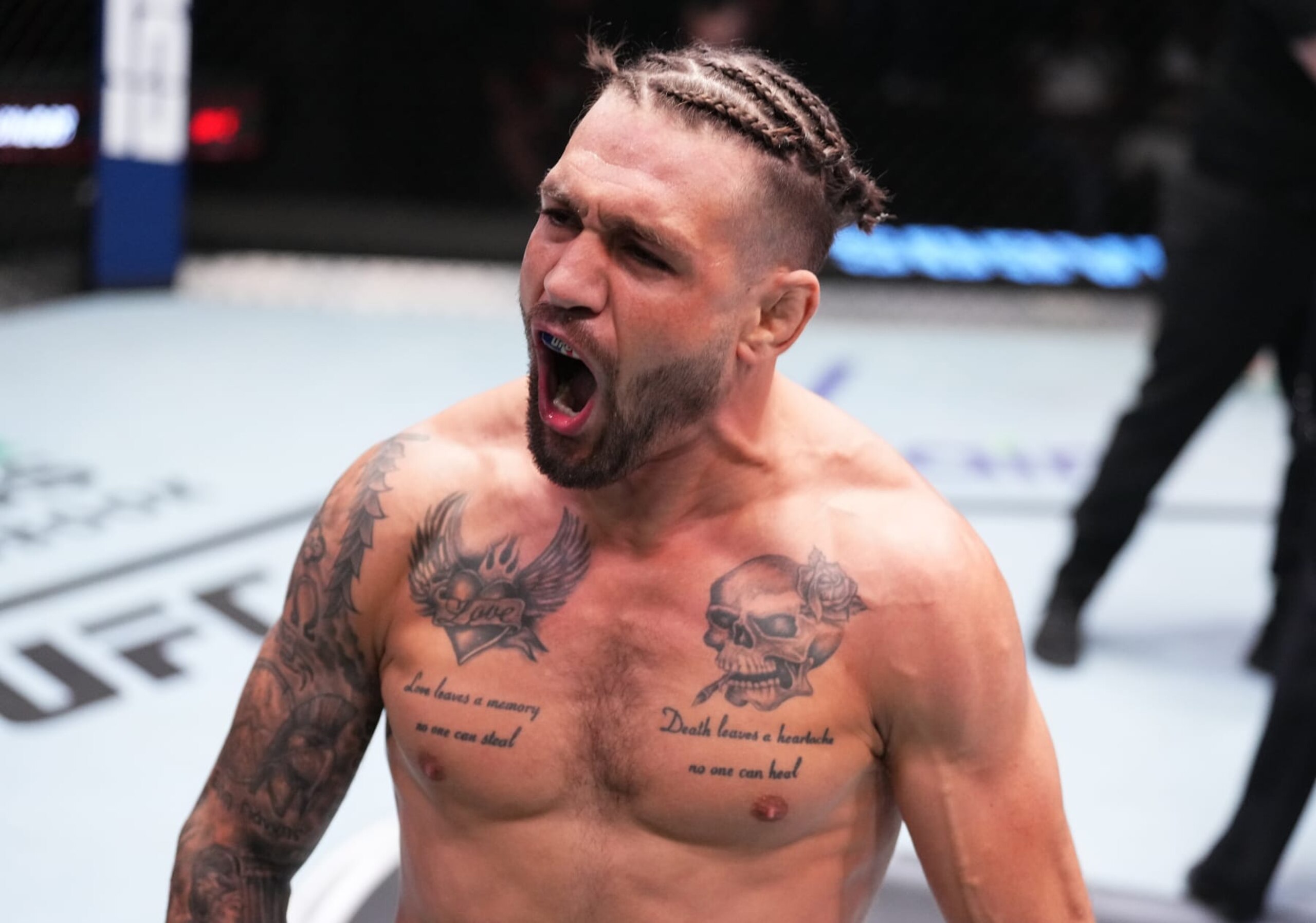 LAS VEGAS, NEVADA - APRIL 22: Christos Giagos reacts after his TKO victory over Ricky Glenn in a lightweight fight during the UFC Fight Night event at UFC APEX on April 22, 2023 in Las Vegas, Nevada. (Photo by Chris Unger/Zuffa LLC via Getty Images)