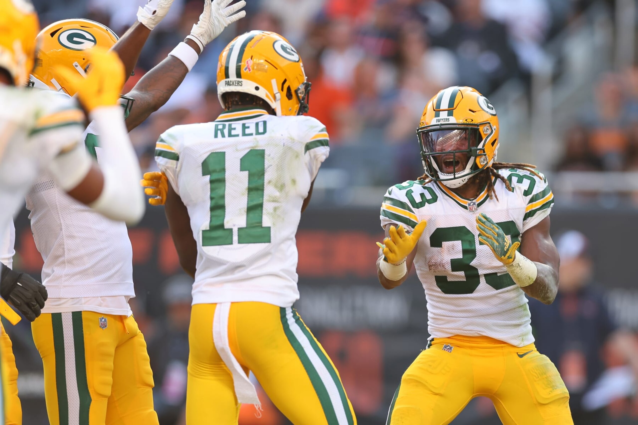 CHICAGO, ILLINOIS - SEPTEMBER 10:  Aaron Jones #33 of the Green Bay Packers celebrates his rushing touchdown against the Chicago Bears during the first half at Soldier Field on September 10, 2023 in Chicago, Illinois. (Photo by Michael Reaves/Getty Images)