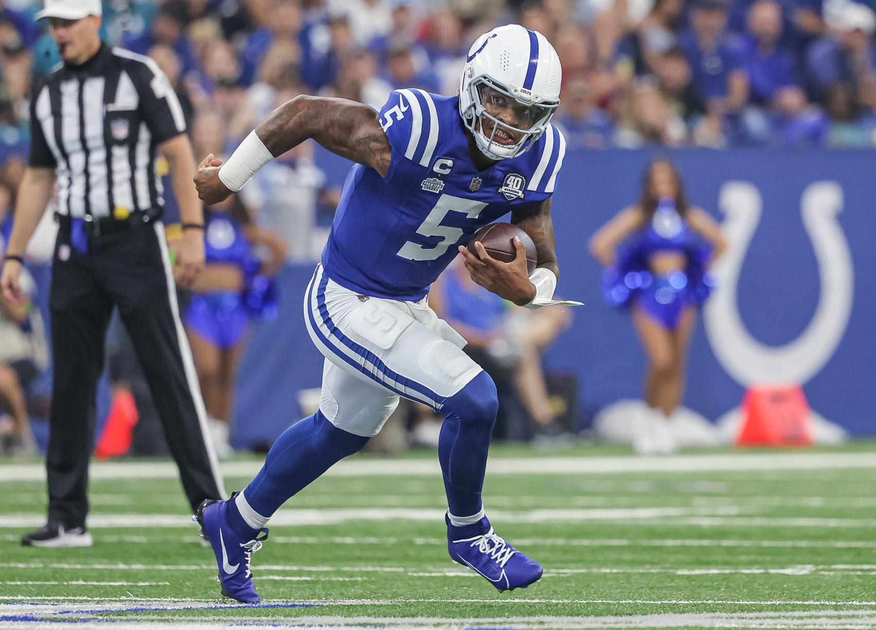 INDIANAPOLIS, INDIANA - SEPTEMBER 10: Anthony Richardson #5 of the Indianapolis Colts runs the ball during the game against the Jacksonville Jaguars at Lucas Oil Stadium on September 10, 2023 in Indianapolis, Indiana. (Photo by Michael Hickey/Getty Images)