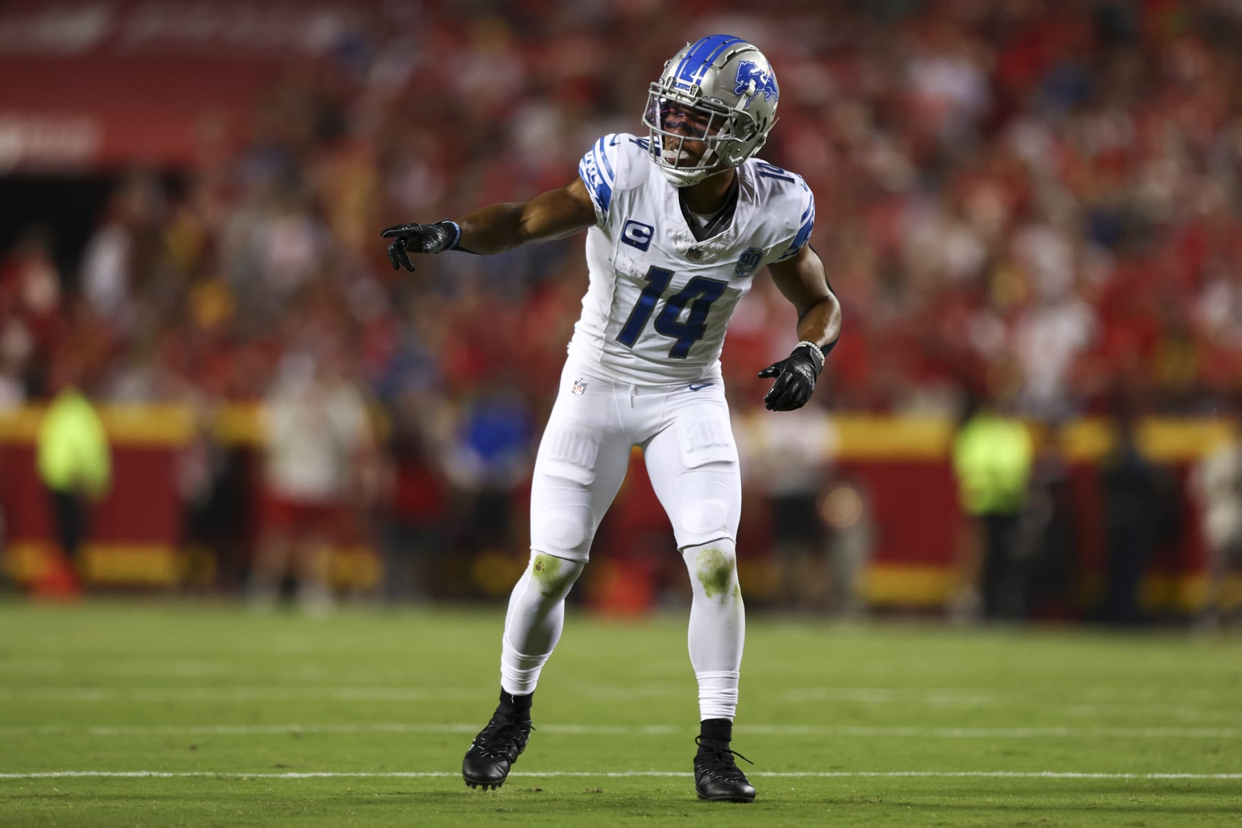 KANSAS CITY, MO - SEPTEMBER 7: Amon-Ra St. Brown #14 of the Detroit Lions lines up before a play during an NFL football game against the Kansas City Chiefs at GEHA Field at Arrowhead Stadium on September 7, 2023 in Kansas City, Missouri. (Photo by Kevin Sabitus/Getty Images)