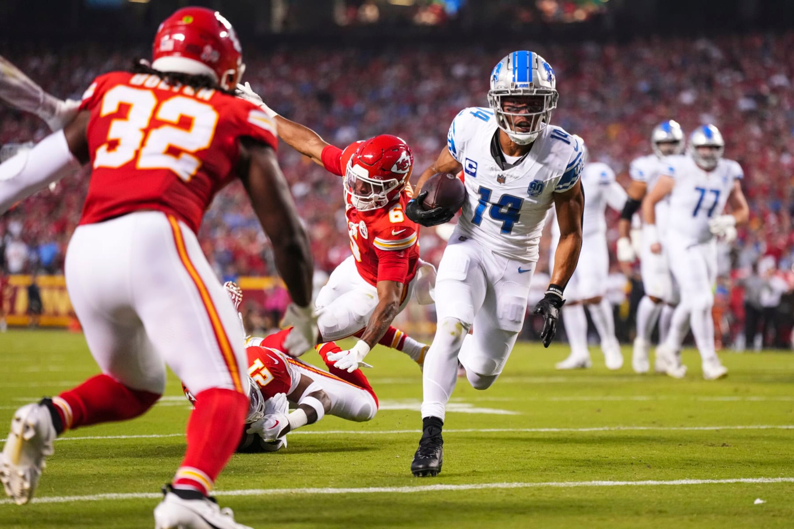 KANSAS CITY, MO - SEPTEMBER 07: Amon-Ra St. Brown #14 of the Detroit Lions runs the ball for a touchdown during at GEHA Field at Arrowhead Stadium on September 7, 2023 in Kansas City, Missouri. (Photo by Cooper Neill/Getty Images) KANSAS CITY, MO - SEPTEMBER 07: Amon-Ra St. Brown #14 of the Detroit Lions runs the ball for a touchdown during at GEHA Field at Arrowhead Stadium on September 7, 2023 in Kansas City, Missouri. (Photo by Cooper Neill/Getty Images)