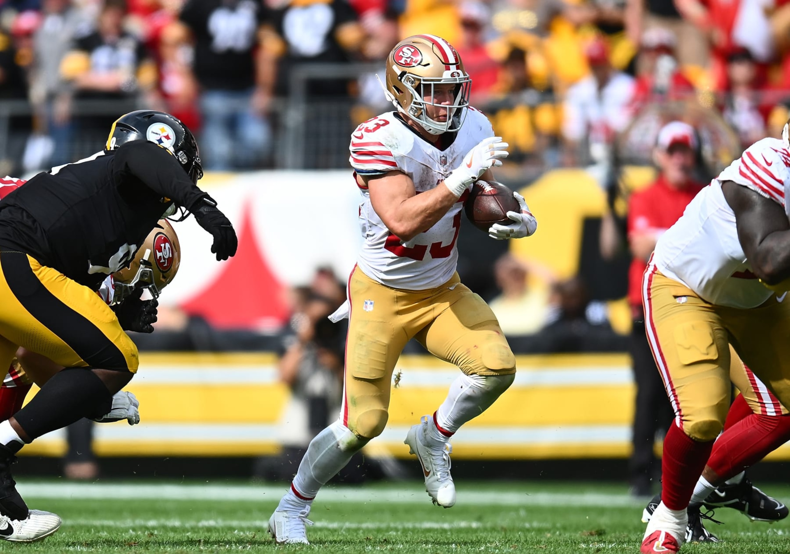PITTSBURGH, PENNSYLVANIA - SEPTEMBER 10:  Christian McCaffrey #23 of the San Francisco 49ers in action during the game against the Pittsburgh Steelers at Acrisure Stadium on September 10, 2023 in Pittsburgh, Pennsylvania. (Photo by Joe Sargent/Getty Images)